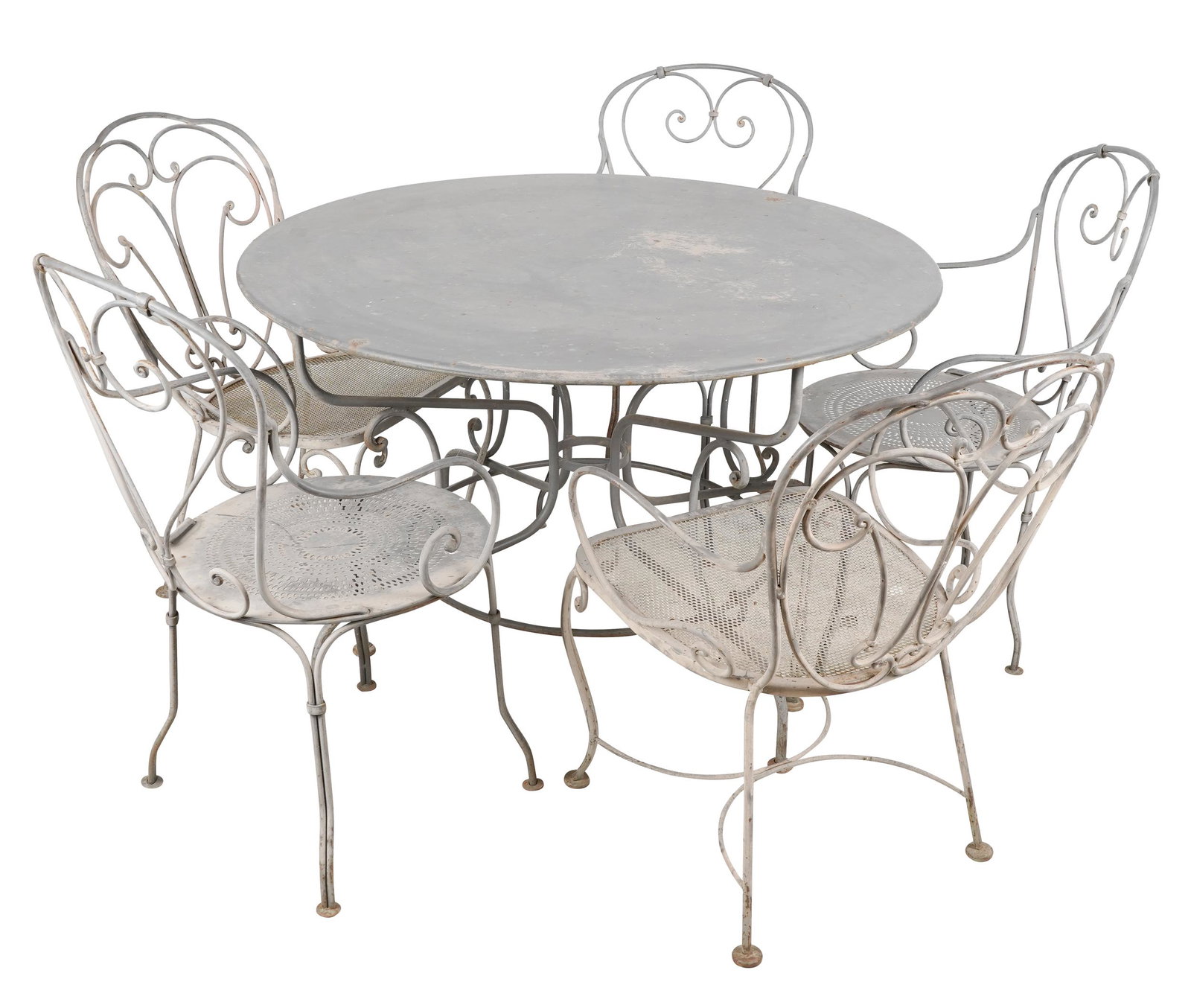 IRON PATIO SET: comprising a table (47 inches diameter; 29 inches high) and five armchairs (20 1/2 inches wide; 20 inches deep; 37 inches high; seat height: 17 1/4 inches); Condition: weathering and oxidation