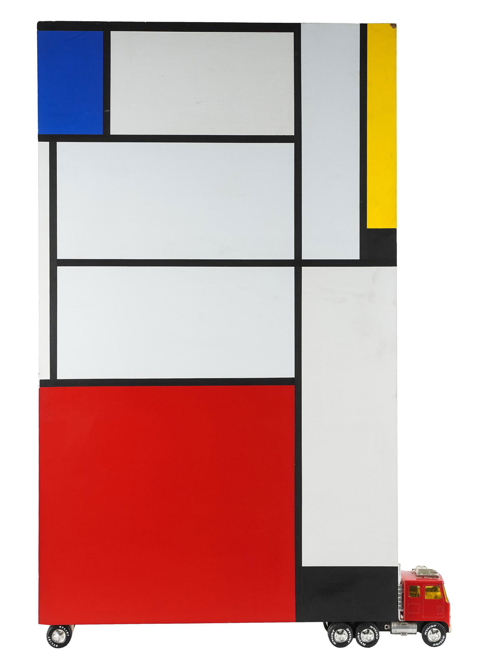 BRUCE HOUSTON (B. 1937): UNTITLED (HOMAGE TO MONDRIAN): mixed media (Painted wood and toy truck); unsigned; 32 inches wide; 6 inches deep; 48 inches high