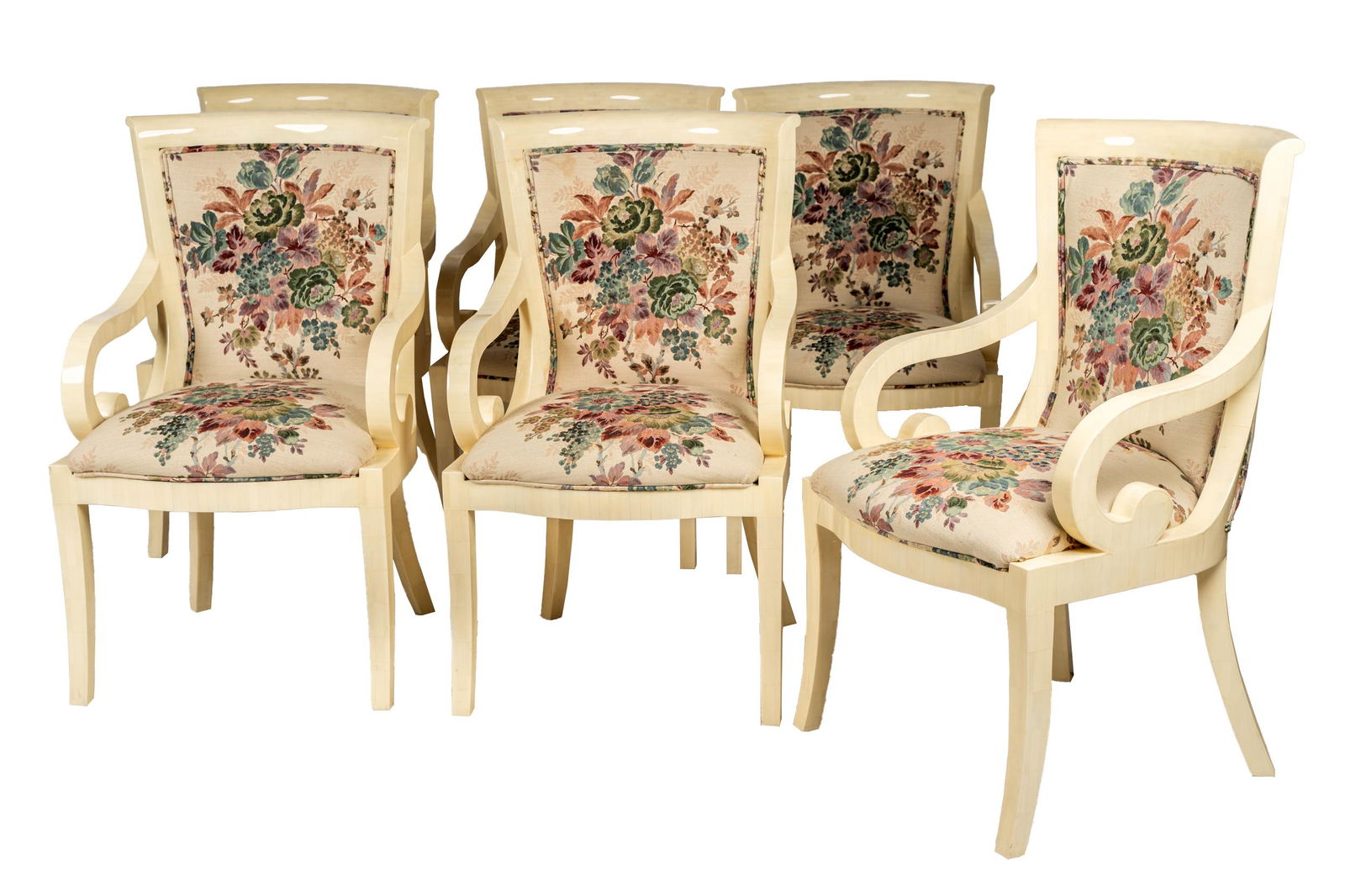 ENRIQUE GARCEL: TWELVE BONE-VENEERED DINING CHAIRS: with the label 'Enrique Garcel'; Provenance: The Estate of actress Rhonda Fleming, "The Queen of Technicolor"; 23 inches wide; 24 inches deep; 39 1/2 inches high; seat height: 21 inches