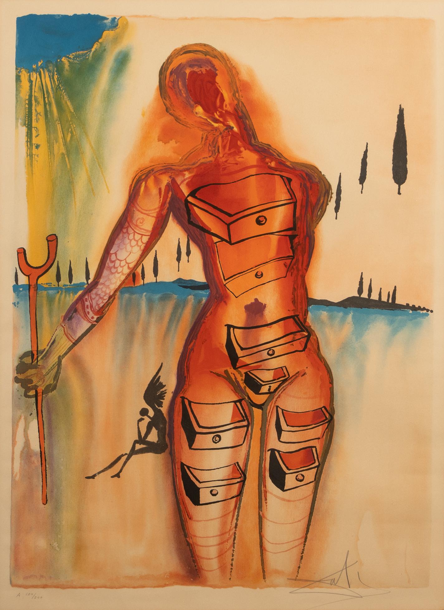 SALVADOR DALI (1904-1989): PORT LIGAT (VENUS AUX: 1970; lithograph in colors on Arches paper; signed lower right; numbered 'A 120/200' lower left; Condition: yellowing to paper, paper slightly wavy in the frame; 32 x 23 1/2 inches; 38 x 29 inches fra