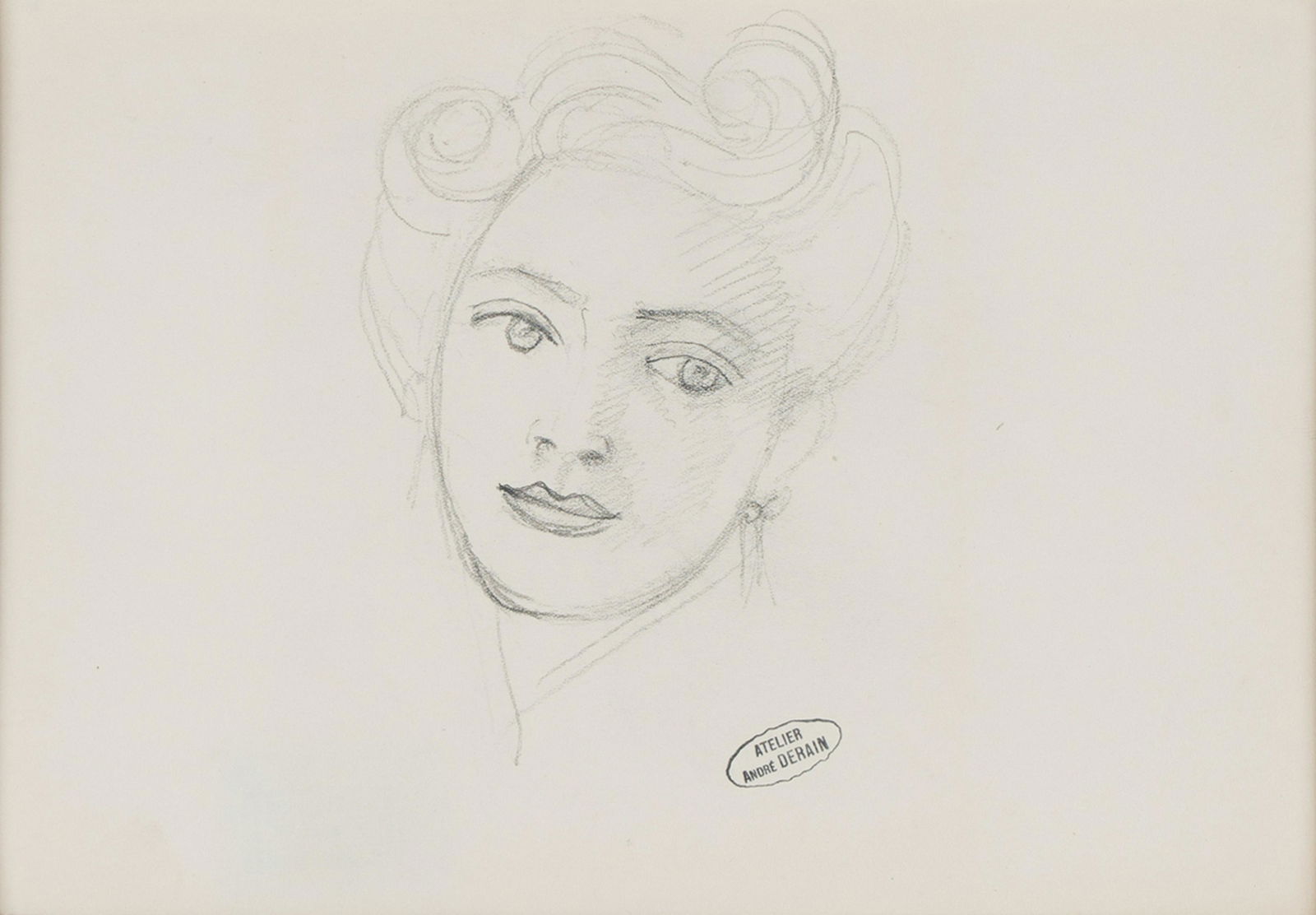 ANDRE DERAIN (1880 - 1954): "VISAGE DE FEMME": pencil drawing; stamped lower right; Provenance: A. Modello, Paris; 6 3/4 x 9 3/4 inches sight; 13 3/4 x 16 1/4 inches frame
