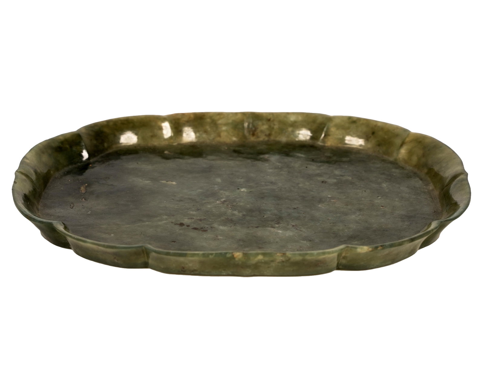 CHINESE CARVED CIRCULAR JADE TRAY: unmarked; with scalloped edge; Provenance: Christie's--South Kensington, Sale no. COR-8040, [lot 122] 1998. The Estate of Barry Tarlow, Los Angeles; 7 1/4 inches wide; 5 5/8 inches deep; 5/8 inches hi