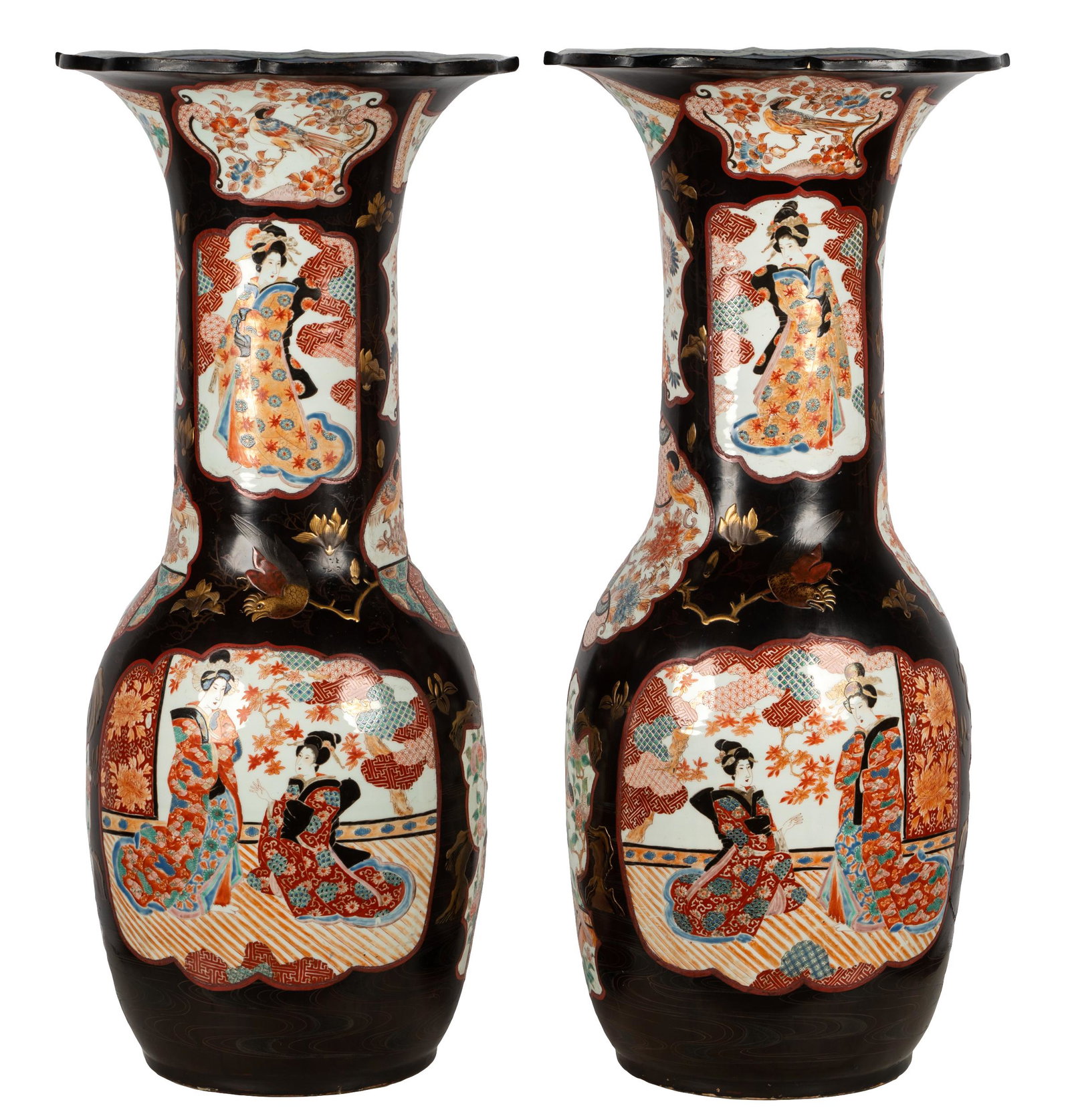 PAIR OF JAPANESE PORCELAIN TEMPLE VASES: Condition: each with restoration; 36 1/2 inches high;