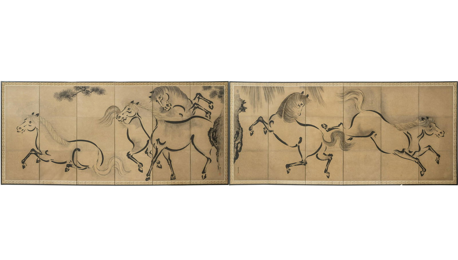 PAIR OF TSUNENOBU JAPANESE SIX-FOLD SCREENS: signed and stamped to lower right and lower left; Provenance: Robert Crowder & Associates; purchased circa 1990; each 66 x 144 inches