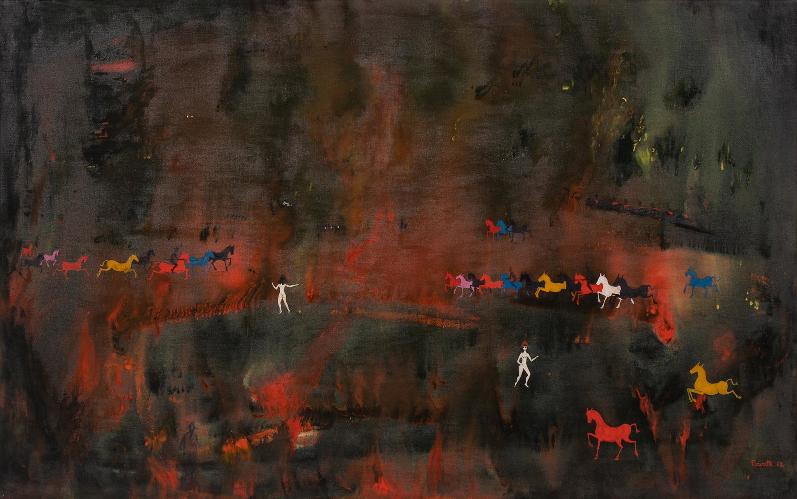 NICOLA ORTIS POUCETTE (1935 - 2006): HORSES: 1962; oil on canvas; signed and dated lower right; Provenance: The Estate of Joan Benny, Beverly Hills; 28 1/2 inches x 45 1/2 inches; 29 1/2 x 46 inches frame