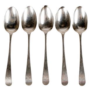 SET OF FIVE GEORGE III STERLING SPOONS: Hester Bateman, London, circa 1780 (marks partially obliterated); each with engraved armorial crest to terminal; approximately 159 grams total; Provenance: The Estate of Joan Benny, Beverly Hills; 7 i