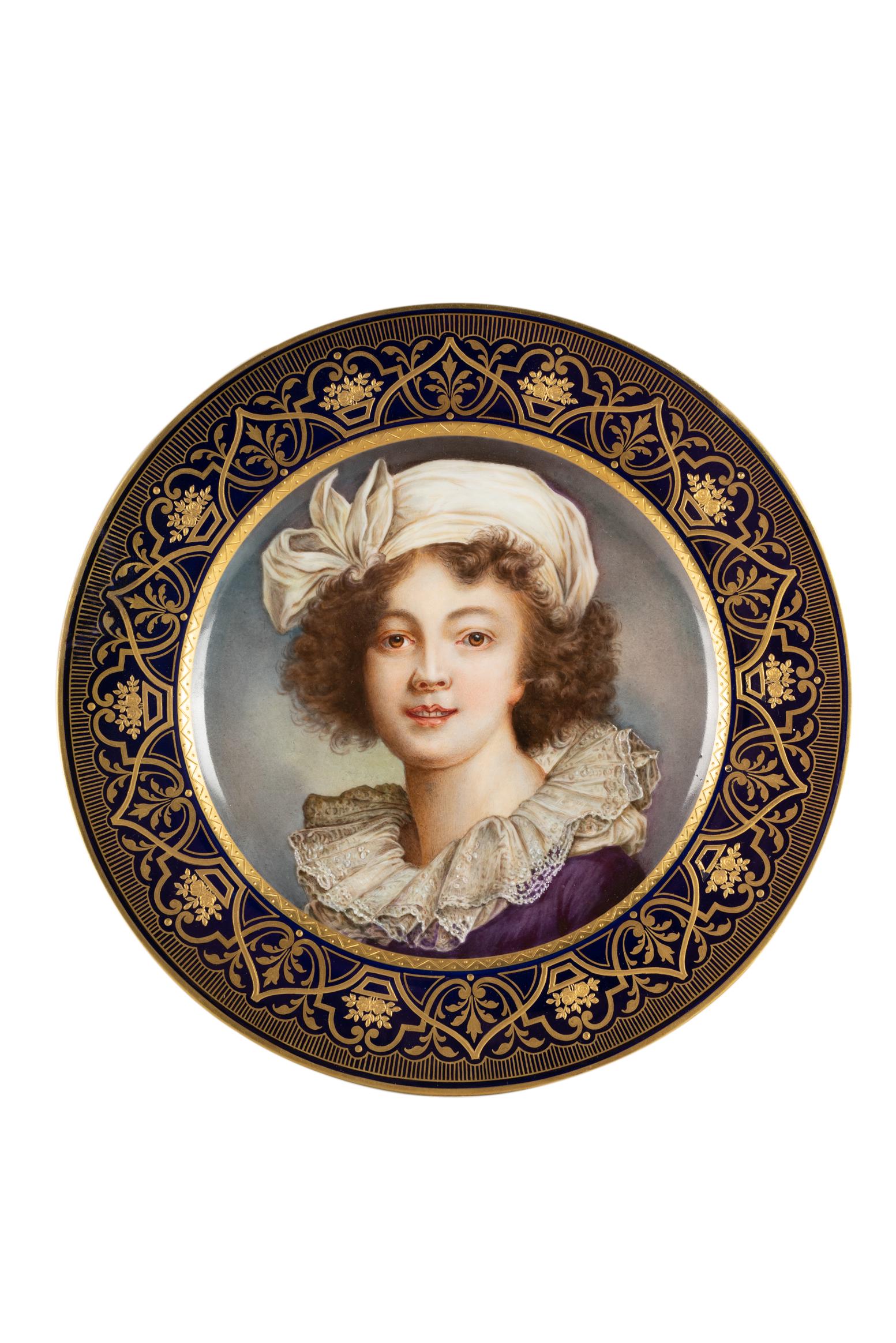 BOHEMIAN PAINTED PORCELAIN CABINET PLATE: green printed factory mark for Fischer and Mieg, and signed "Elisabetta Lebrun / Wahliss, Wien"; Condition: with possible repair showing underside; with residue to underside; Provenance: The Estate of