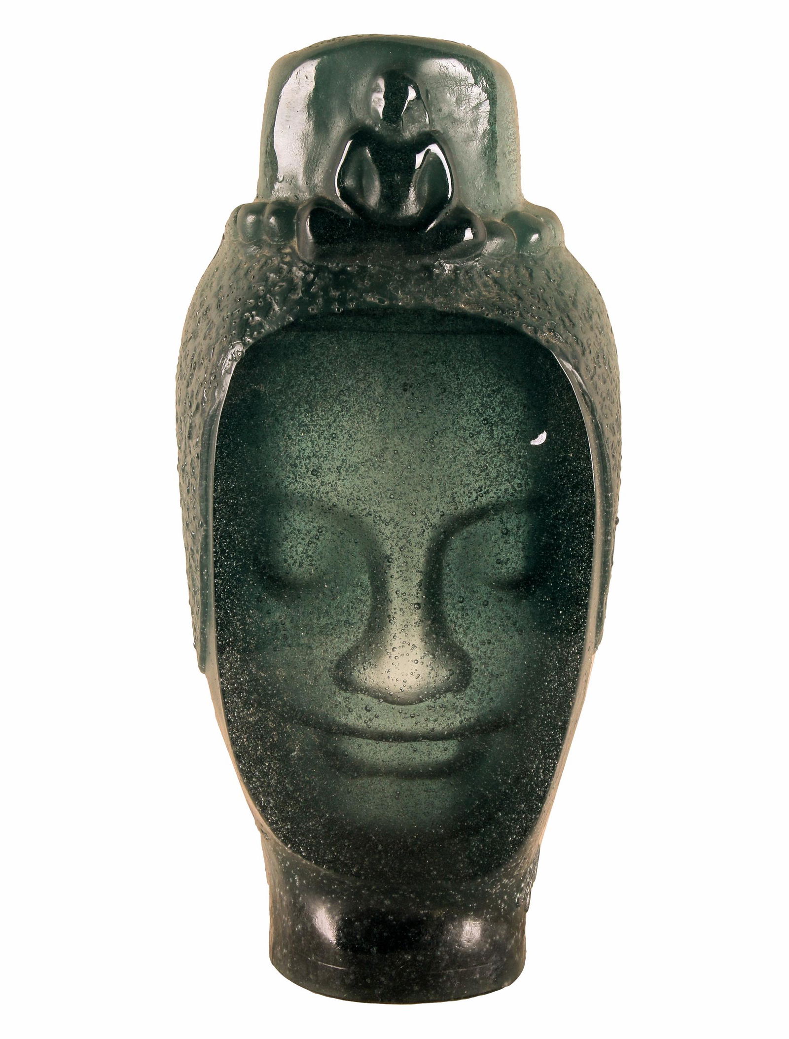 DAUM FRANCE ART GLASS BUDDHA: signed "Adzak"; further signed "Daum France"; Condition: chip to lower back corner; 6 inches wide; 2 3/4 inches deep; 13 inches high