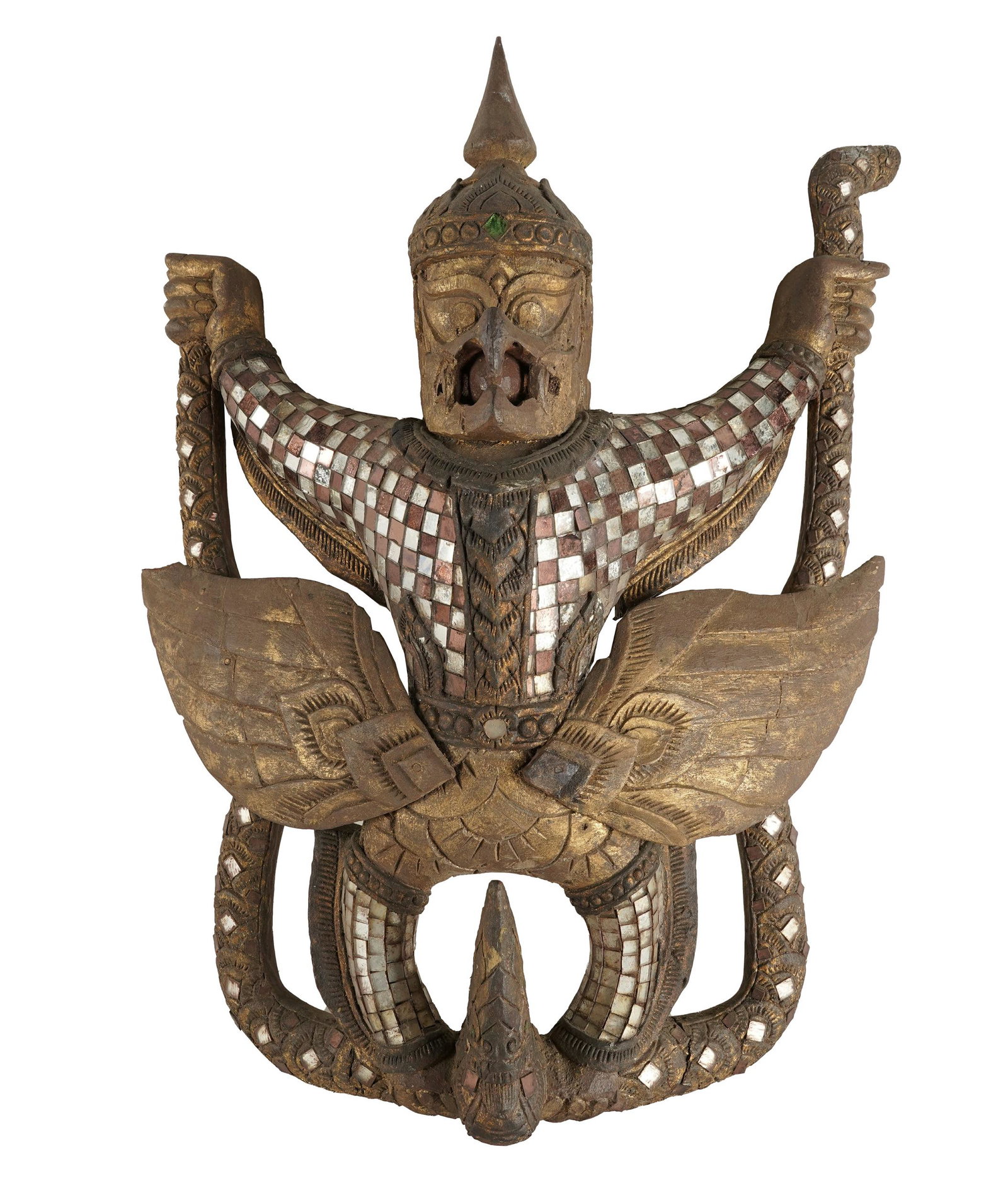 THAI MIRROR INSET GILTWOOD FIGURE: Condition: loss to one hand; 18 1/2 inches wide; 7 inches deep; 25 inches high