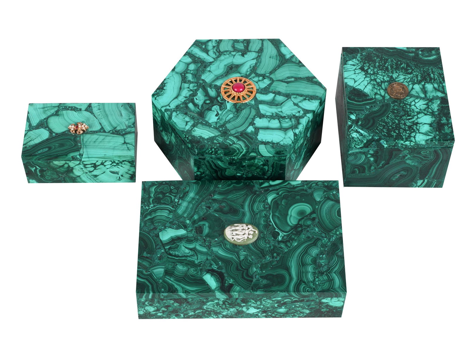 FOUR  MALACHITE COVERED BOXES (1 of 9)