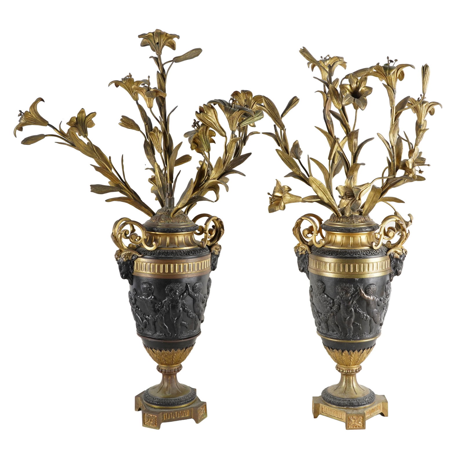 PAIR OF GILT & PATINATED METAL URNS (1 of 14)