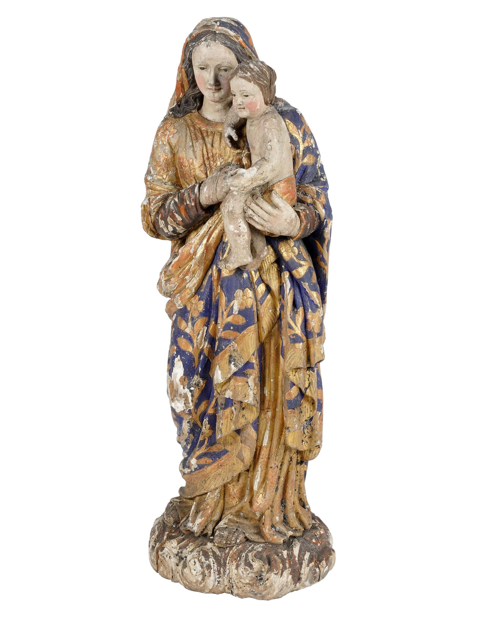 CARVED & POLYCHROMED WOOD FIGURE VIRGIN & CHILD (1 of 8)