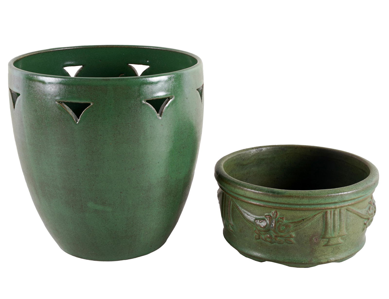 TWO GREEN-GLAZED ART POTTERY VESSELS: the first: signed "CC Brown", with pierced triangular motifs to rim (7 1/2 inches diameter; 7 1/2 inches high); the second: faintly impressed "615" (6 1/2 inches diameter; 3 1/4 inches high)