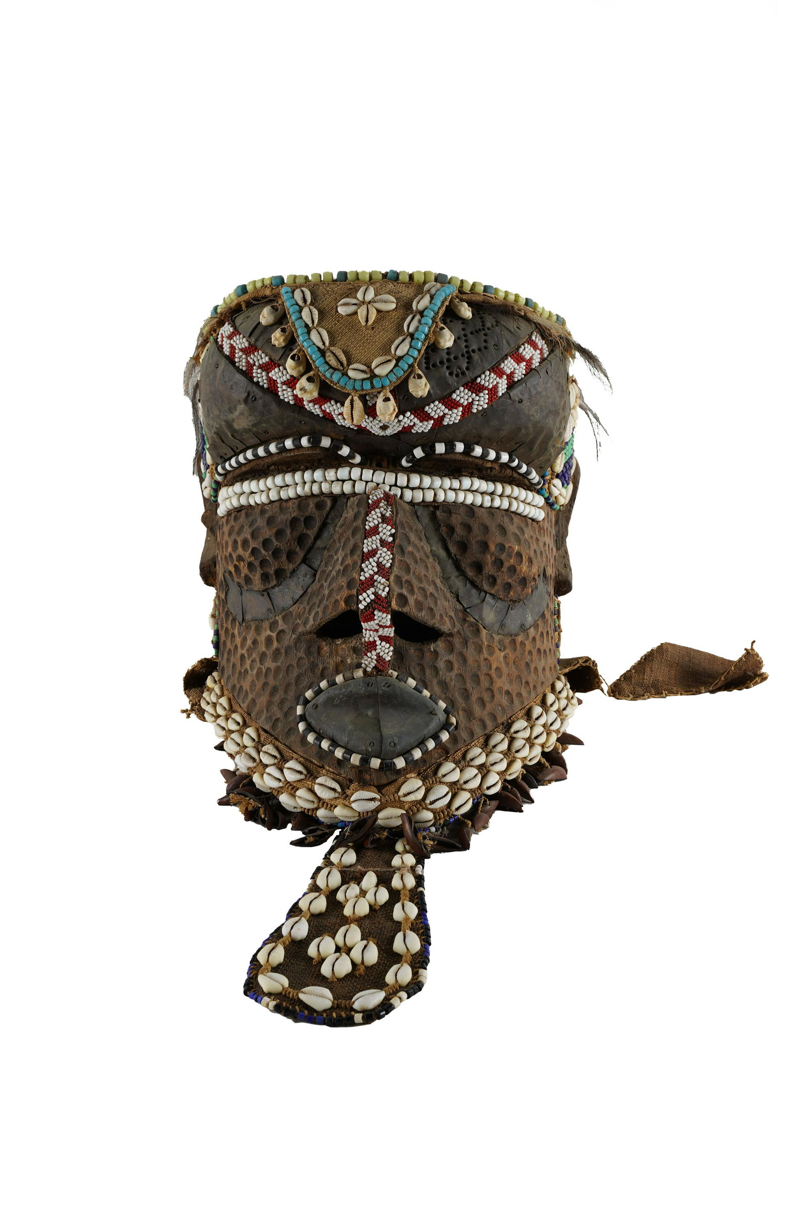PRIMITIVE HEADDRESS: carved wood mounted with beads, shells, animal hair and linen; Condition: overall good; some wear from age and handling; Provenance: The Estate of Henry and Lillian Mosauer; 9 3/4 inches wide; 13 inch