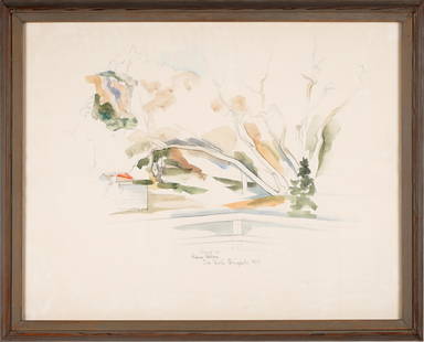 STANTON MACDONALD WRIGHT (1890 - 1973): RUSTIC CANYON: 1952; signed, dated and titled illegibly lower middle; watercolor and pencil on paper; Provenance: de-accessioned from The Museum of Contemporary Art San Diego; 22 1/2 x 28 1/2 inches sight; 26 x 32 i