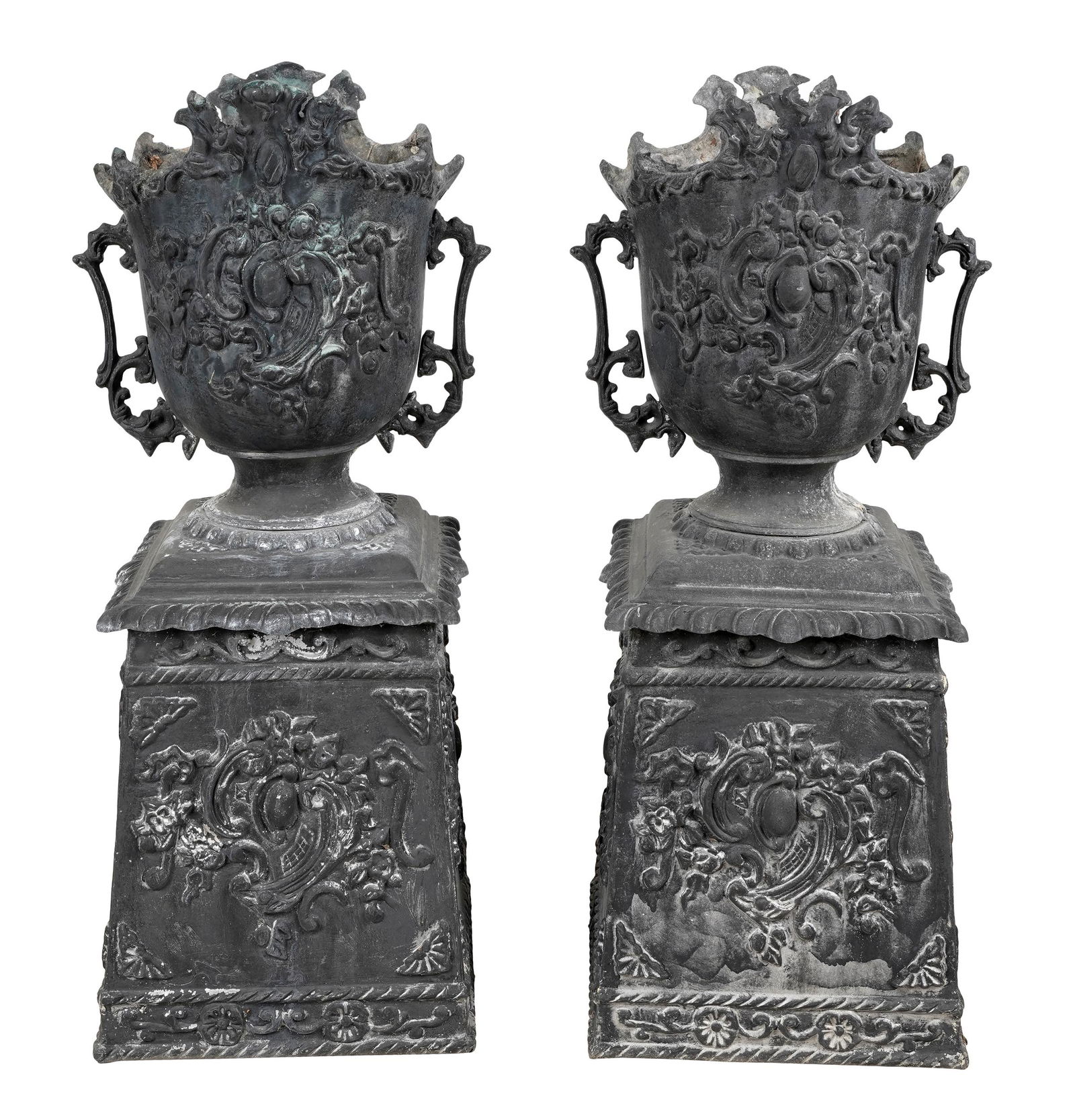 PAIR NEOCLASSIC-STYLE CAST ALUMINUM GARDEN URNS (1 of 9)
