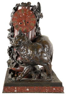 CHARLES VALTON (1851 - 1918): FIGURAL CLOCK: bronze; signed to base; modeled as a cat; Condition: marble support under column is broken, needs repair; hand missing from dial; 13 1/2 inches wide; 14 inches deep; 20 inches high