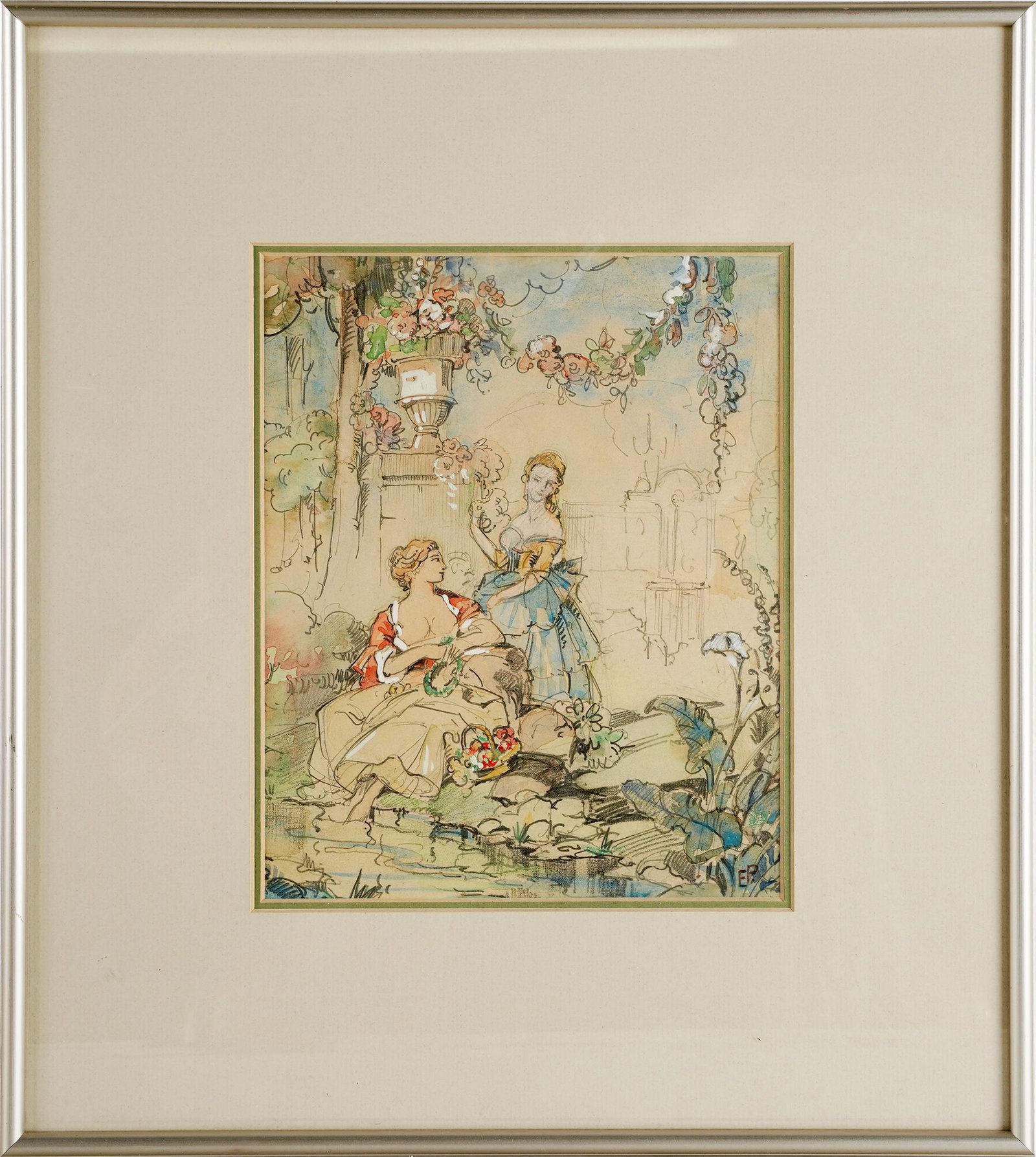 EINAR CORTSEN PETERSEN (1885 - 1986): STUDY: circa 1929; preliminary sketch for Robinson family residence, Beverly Hills, California; pencil, gouache and watercolor on paper; signed lower right; label verso; 8 1/4 x 6 1/2 inches sight; 15 x 13 1