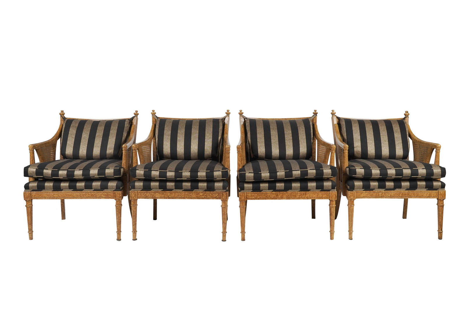 FOUR CANED ARMCHAIRS: after 1950; manufacturer unknown; wood with faux burlwood finish; Condition: wear and chips to finish; 27 inches wide; 24 inches deep; 33 1/2 inches high; seat height: 18 1/2 inches