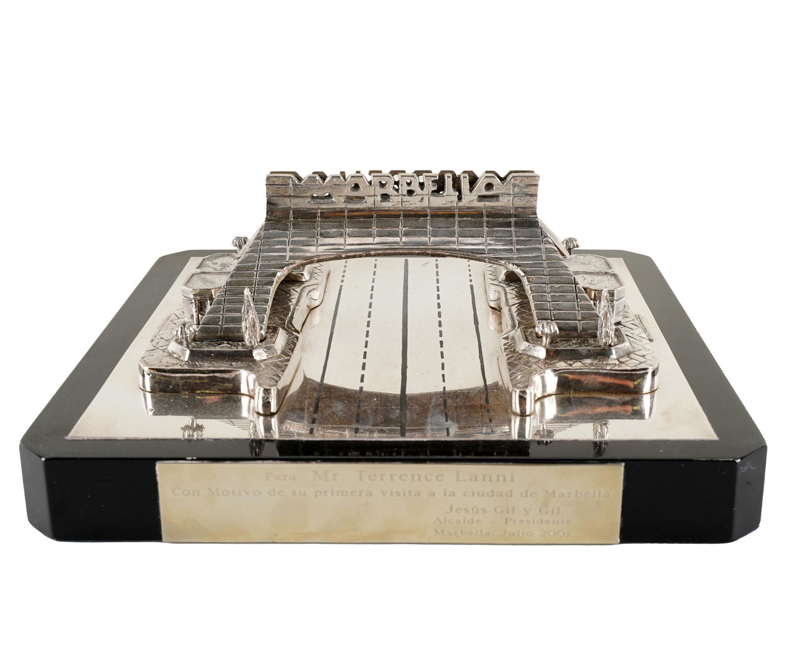 SILVERPLATE ARCHITECTURAL MODEL: labeled "Arq. J. Mora" and R. Munoz"; on a lacquered base with presentation plaque; 12 inches square; 4 1/2 inches high overall