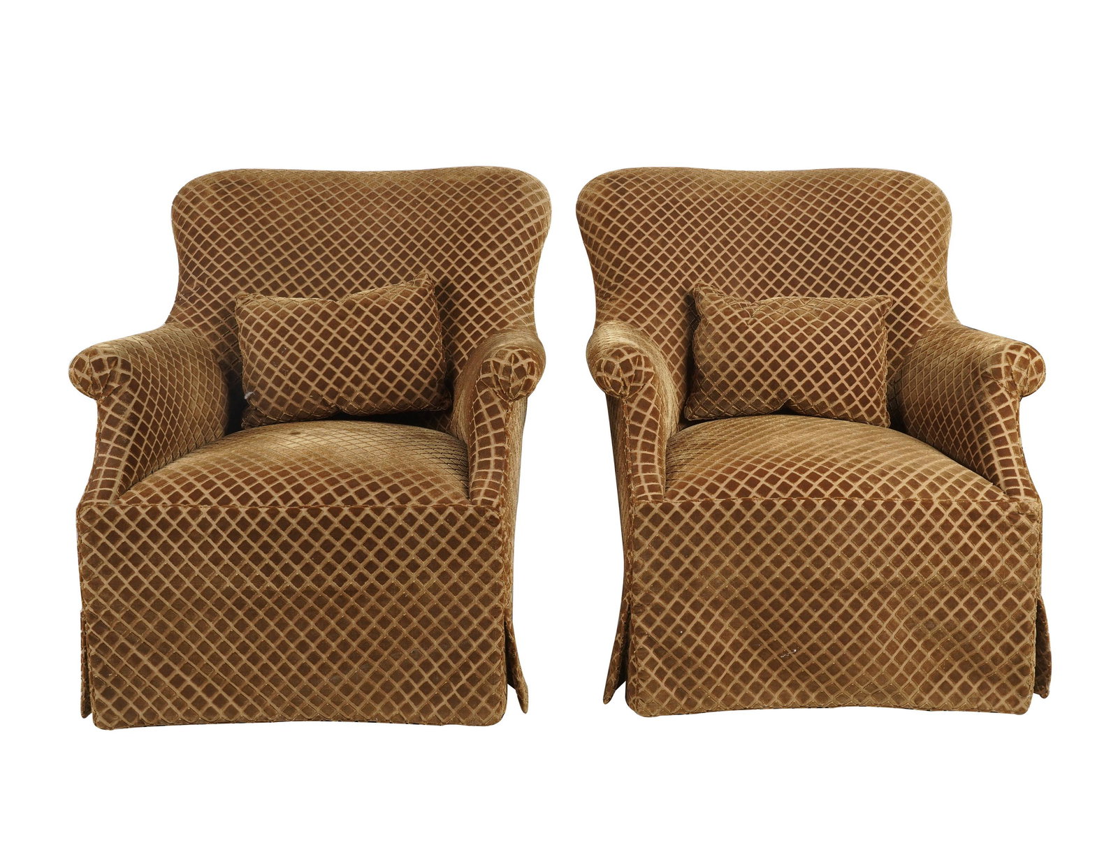 PAIR OF CUSTOM CLUB CHAIRS: with two throw pillows; Provenance: The Terry and Debbi Lanni Collection, Pasadena CA; 34 inches wide; 47 inches deep; 40 inches high; 18 inches seat height