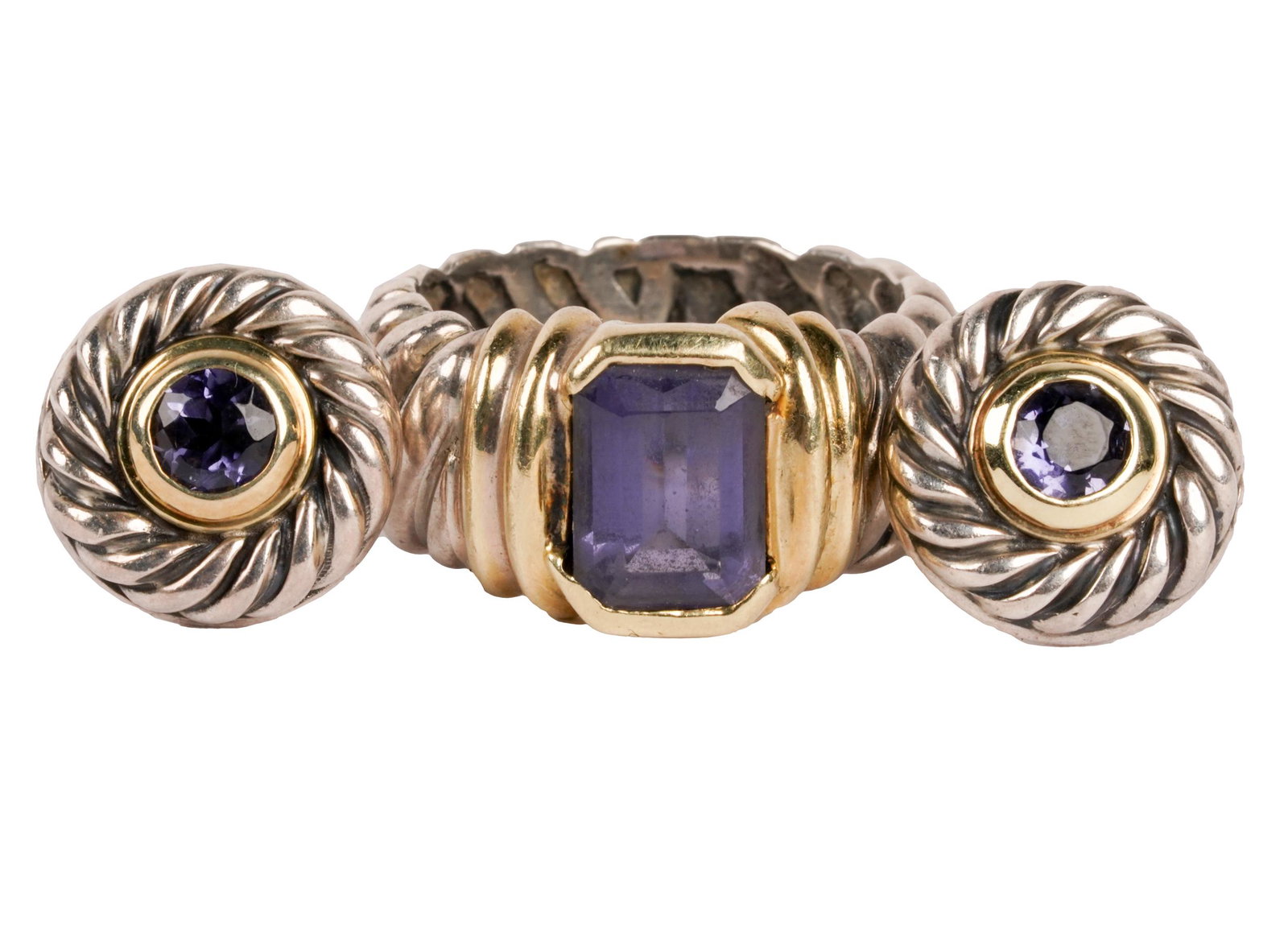 DAIVD YURMAN STERLING, 14 KARAT YELLOW GOLD, & IOLITE: the ring centering one cut-corner rectangular, step-cut iolite weighing approximately 1.50 carats (size: 5, 7.3 grams); the earrings containing two round iolites weighing approximately 0.35 carats tot