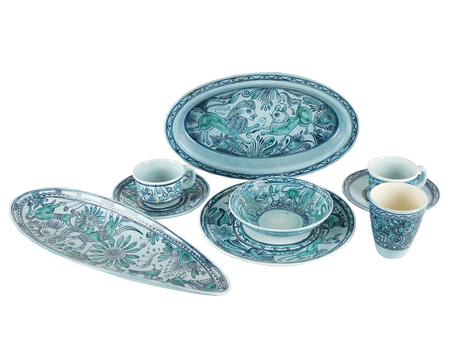 FELIX TISSOT OF TAXCO DINNERWARE: each marked to underside; comprising: seven bread plates (7 1/4 inches diameter); six dinner plates (10 5/8 inches diameter); four bowls (7 inches diameter); eight saucers (7 inches diameter); four co