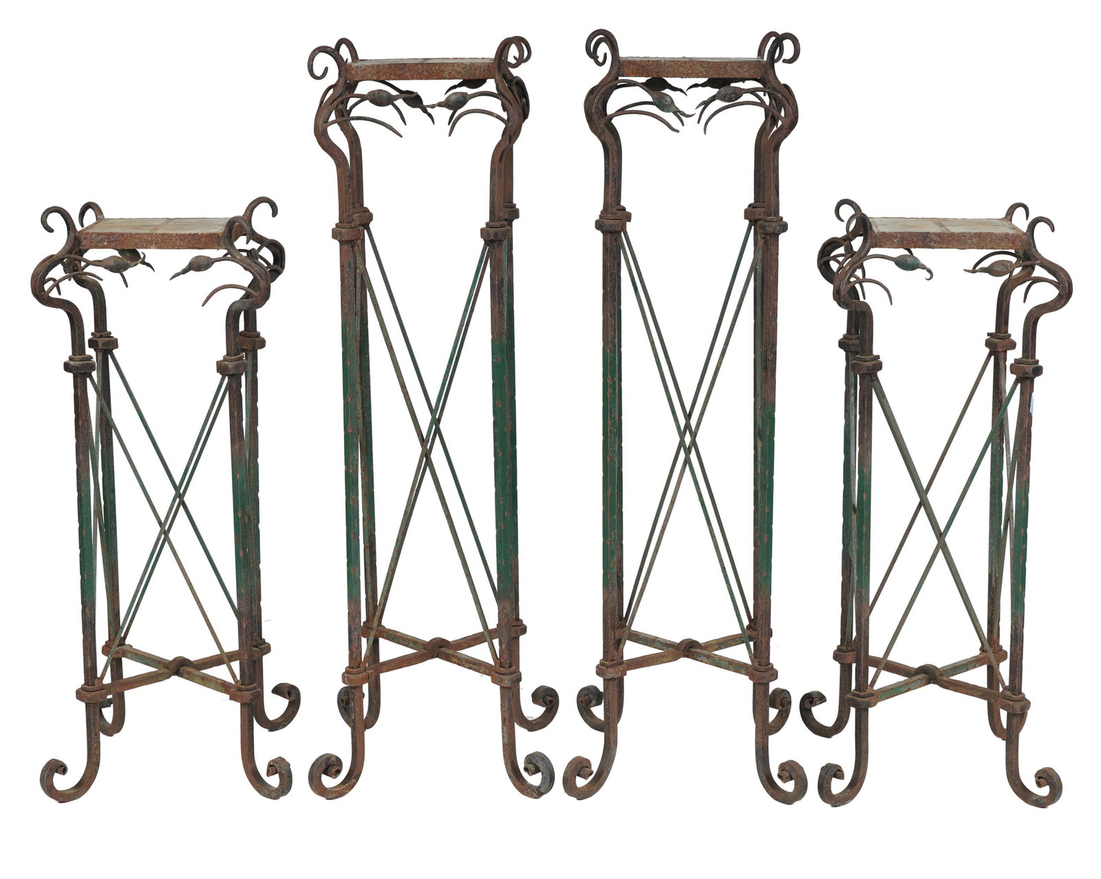 TWO PAIRS OF IRON AND TILE PLANT STANDS (1 of 9)