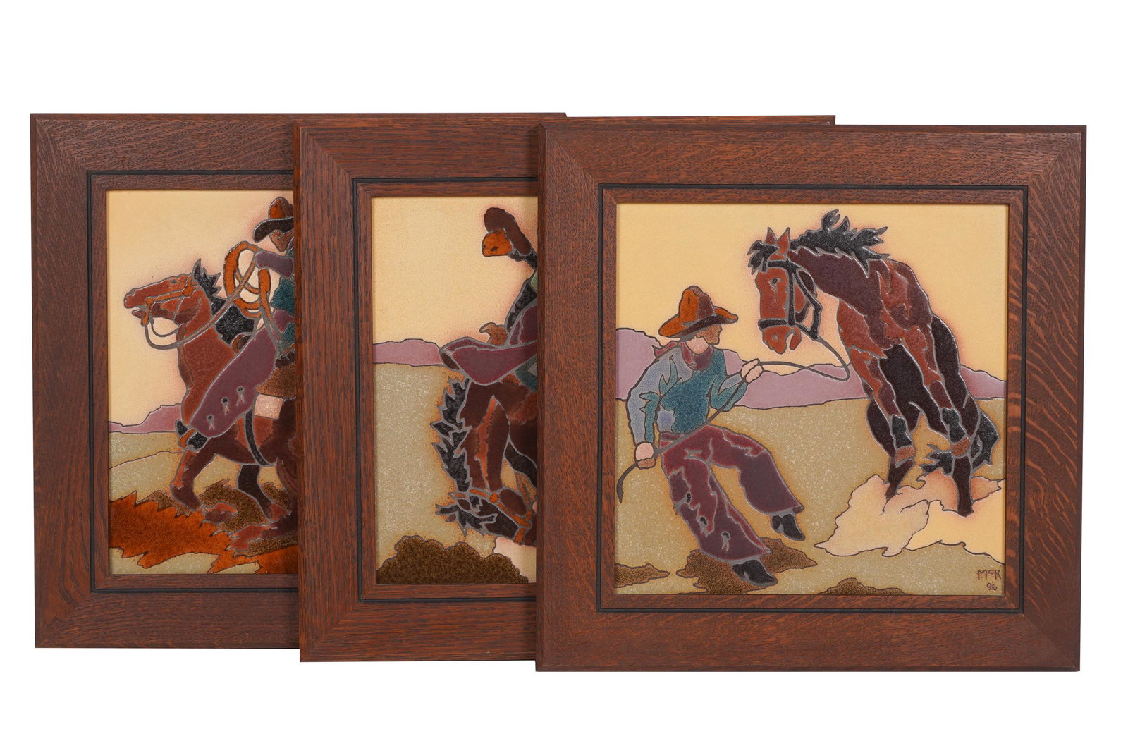 THREE OAK FRAMED COWBOY TILES (1 of 9)