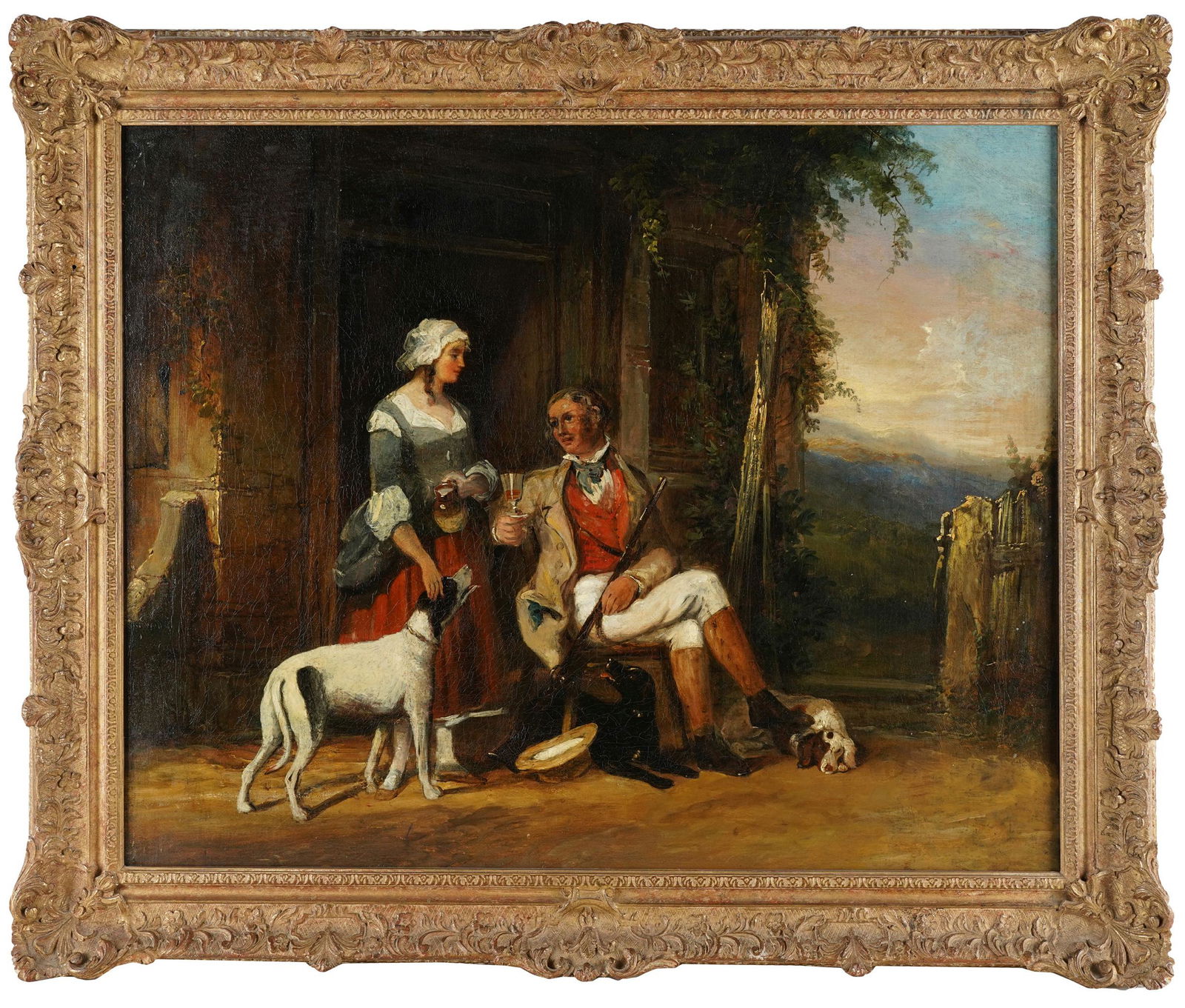 BRITISH SCHOOL: A BREAK FROM THE HUNT: oil on canvas relined; appears unsigned; Condition: fully restored; 25 x 30 inches; 29 1/2 x 35 1/2 inches frame