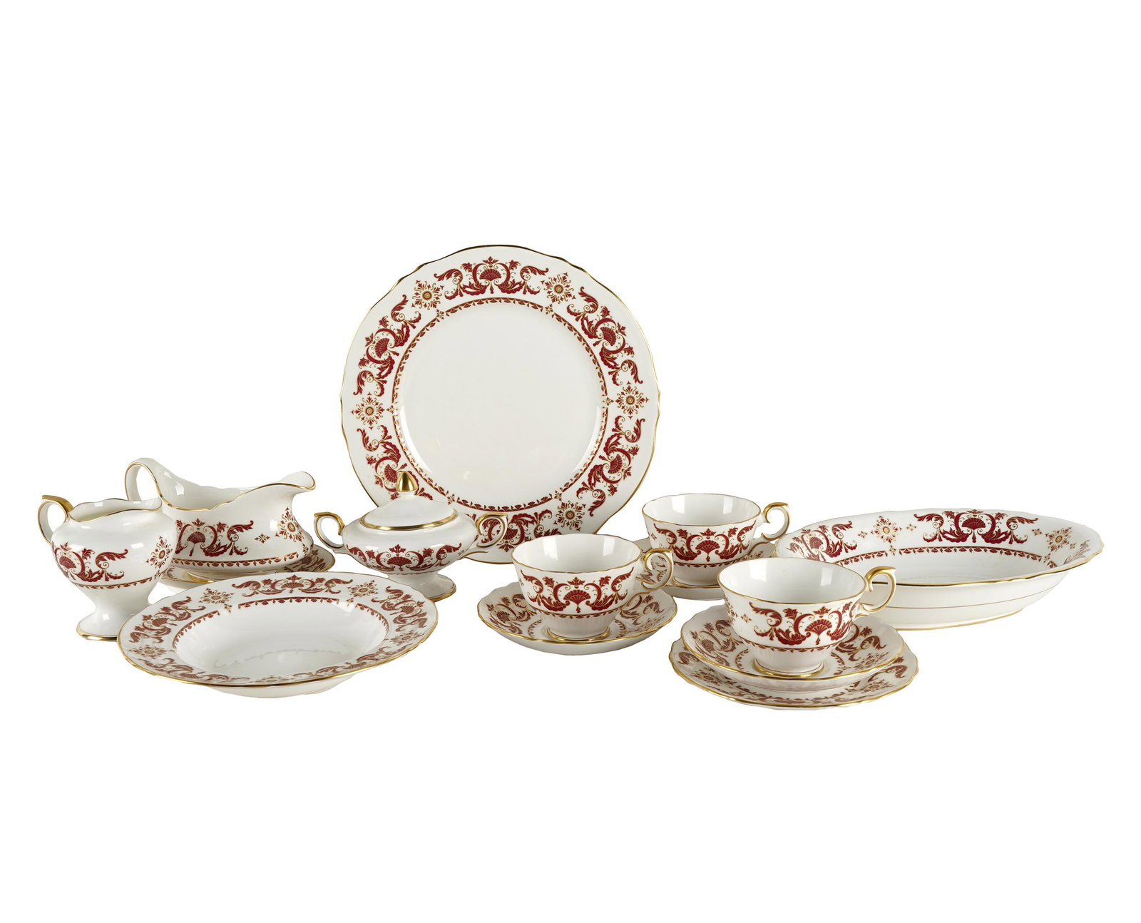 CROWN STAFFORDSHIRE PORCELAIN TABLE SERVICE: Berkeley Square; comprising: 15 dinner plates (10 1/2 inches diameter); 15 salad plates (8 1/2 inches diameter); 12 soup plates (8 1/2 inches diameter); 15 bread plates (6 1/4 inches diameter); 12 tea