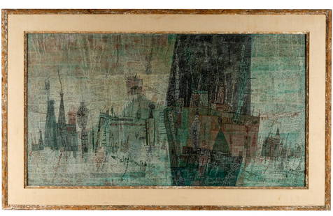 YNEZ JOHNSTON (1920 - 2019): UNTITLED: casein on board; signed lower right; Condition: minor staining to frame mat; 38 x 21 inches; 45 x 26 1/2 inches frame