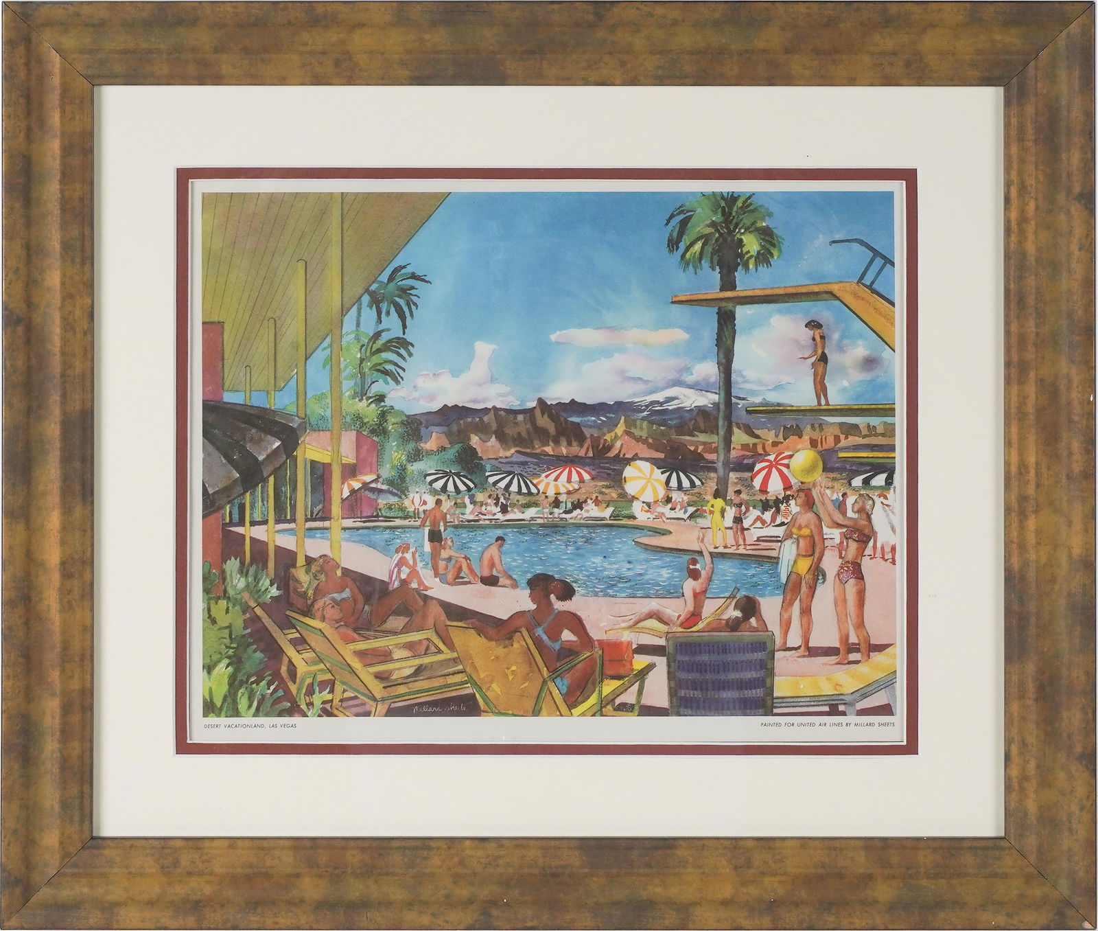 DON RICKLES MILLARD SHEETS UNITED AIRLINES VEGAS PRINT: Desert Vacationland, Las Vegas / Painted for United Air Lines by Millard Sheets; colored print; 10 1/4 x 13 inches; 17 x 19 1/2 inches frame