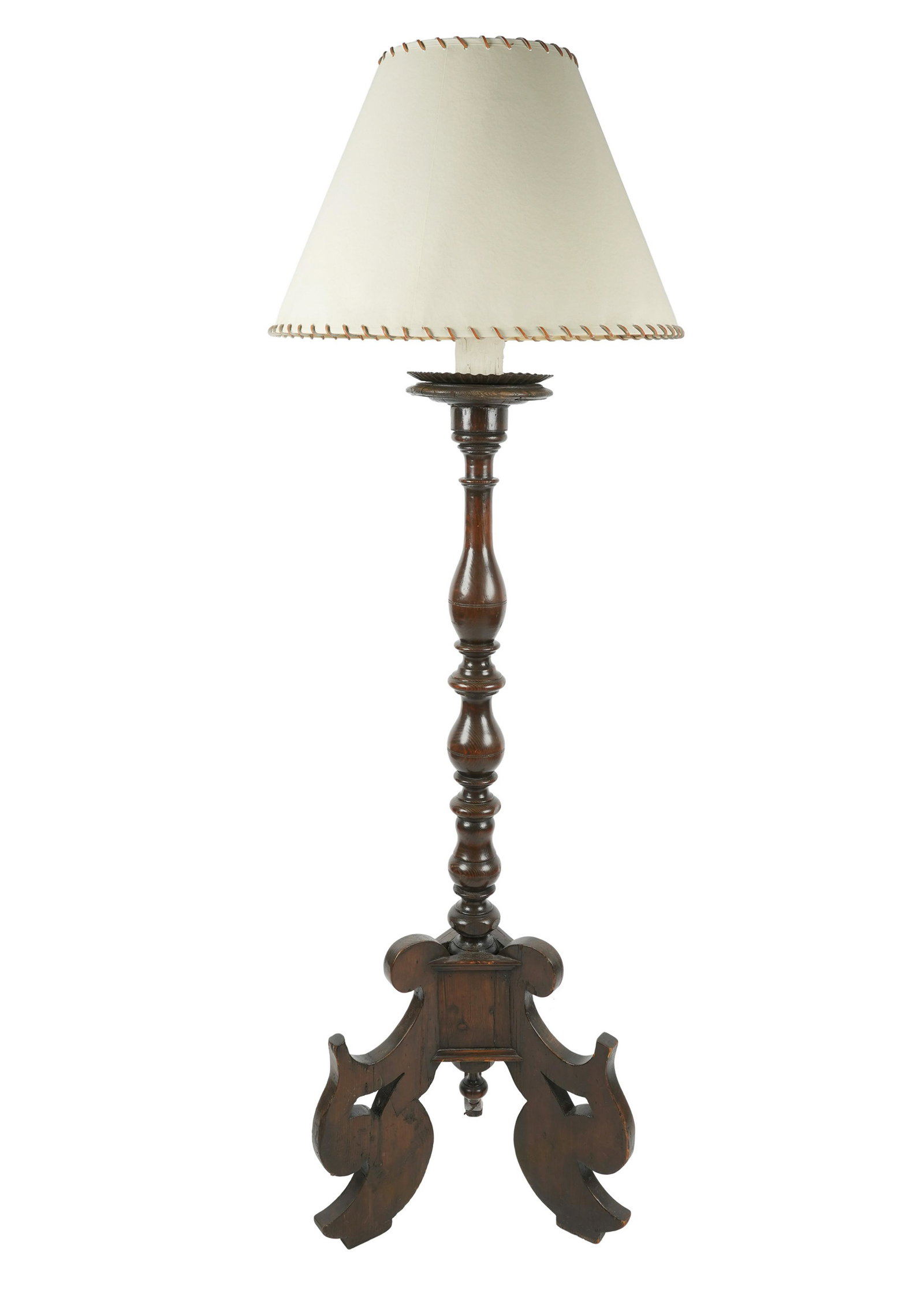 DON RICKLES ALTARSTICK FLOOR LAMP: turned wood stem on a tripod base; with faux vellum shade with leather detail; the shade (21 inches diameter); 20 inches wide; 52 inches high; 69 inches total height