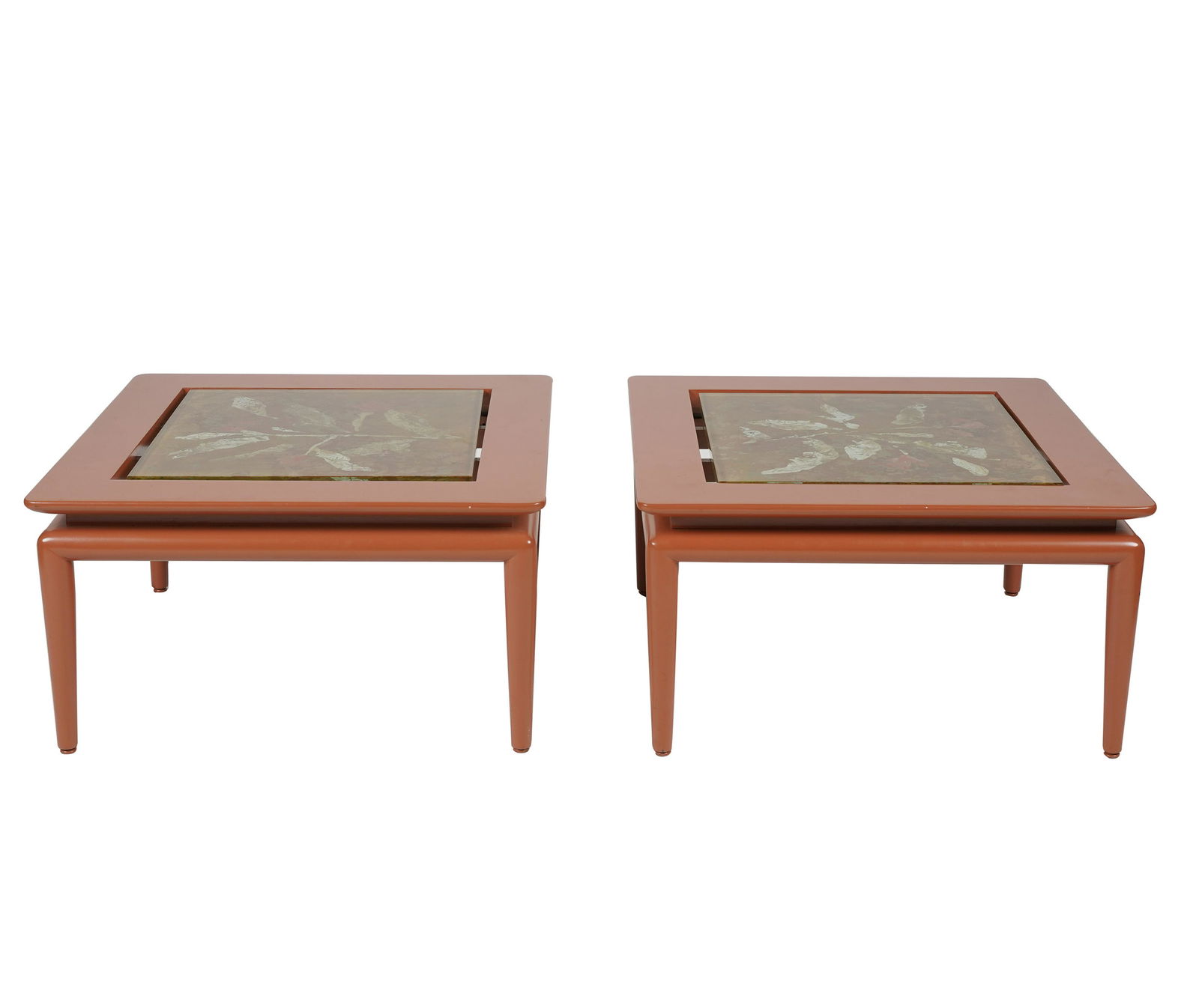 PAIR DUBE / FONTANA ARTE LOW TABLES: each with inset removable colored glass panel signed "Dube - Fontana Arte" (Duilio Barnabe, 1914 - 1961), on a painted wood frame; 28 3/4 inches square; 15 1/2 inches high