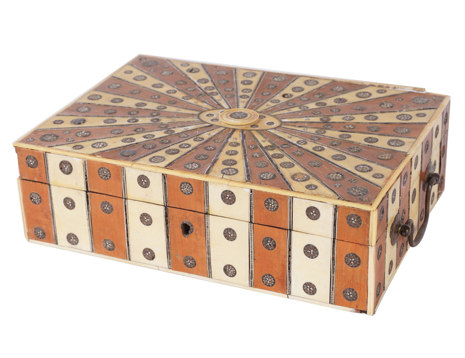 ANGLO-INDIAN BONE-INLAID WOOD SEWING BOX: 19th century; the hinged lid enclosing a divided, fitted interior; Provenance: The Estate of Henry and Lillian Mosauer; 10 inches wide; 7 inches deep; 3 inches high