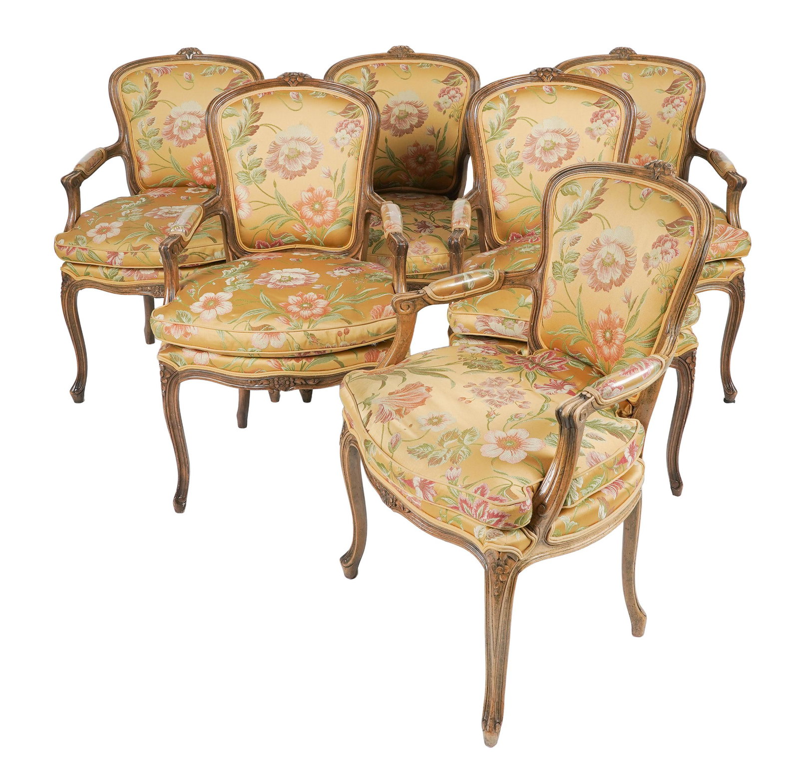 SIX LOUIS XV-STYLE ARMCHAIRS: second half 20th century; unsigned; each with caned backrest and loose seat cushion; Condition: with minor soiling to upholstery; Provenance: The Estate of actress Rhonda Fleming, "The Queen of Techni