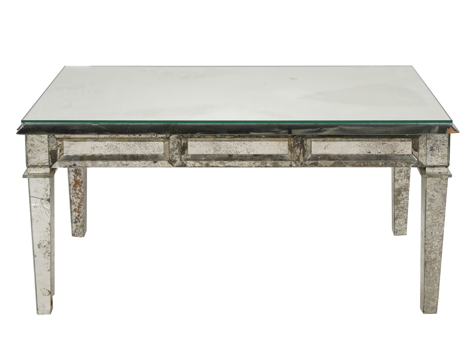 NORMAN LEAR: MIRRORED COFFEE TABLE: the beveled rectangular top above a smoke mirrored frame; Condition: beveled panels having damage and loss; loss of mirror to one leg; Provenance: The Collection of Norman and Lyn Lear; 36 inches wide