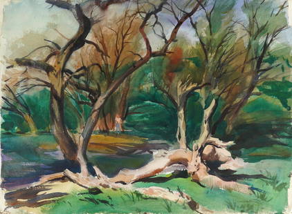 EMIL JEAN KOSA, JR. (1903 - 1968): "ALONE IN THE WOODS": watercolor; signed lower right; titled and signed verso; Provenance: The Estate of Barbara Beretich, Artist & Collector of Art, Claremont, CA; 22 x 30 1/4 inches unframed