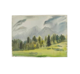 EMIL JEAN KOSA, JR. (1903 - 1968): MIST SURROUNDS MTS": watercolor; signed lower right; titled and signed verso; Provenance: The Estate of Barbara Beretic"h, Artist & Collector of Art, Claremont, CA; 22 x 30 inches unframed