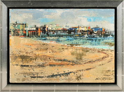 BEN ABRIL (1923 - 1995): BEACH WITH PIER: oil on canvas; signed lower right; 10 x 14 inches; 12 1/2 x 16 1/2 inches frame