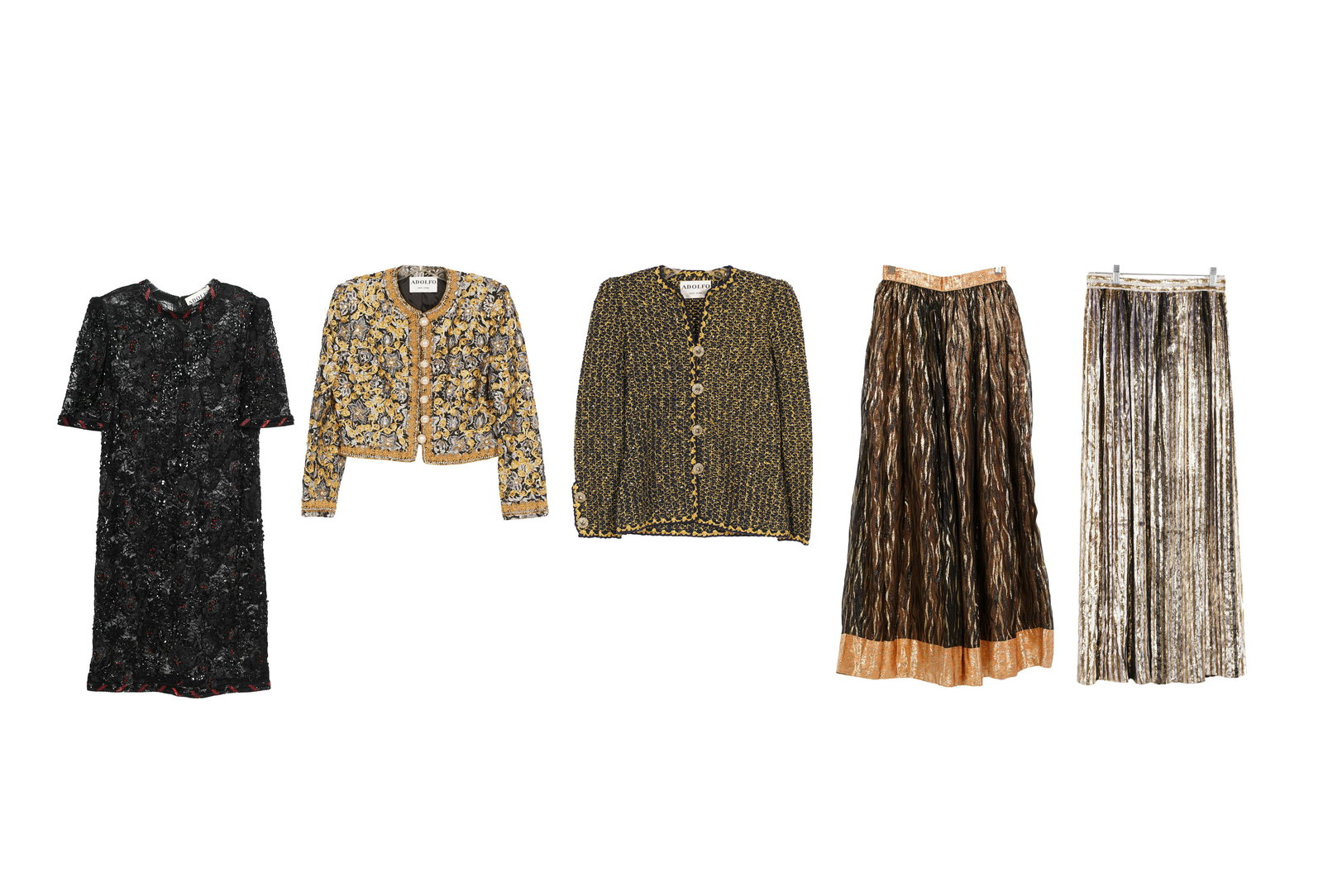 GROUP OF ADOLFO CLOTHING: comprising two jackets: one black and gilt knit with paste embellishment (13 inches shoulder seam-to-shoulder seam, 17 inches across under the arms, 23 inches long); the other gilt embroidered with pa