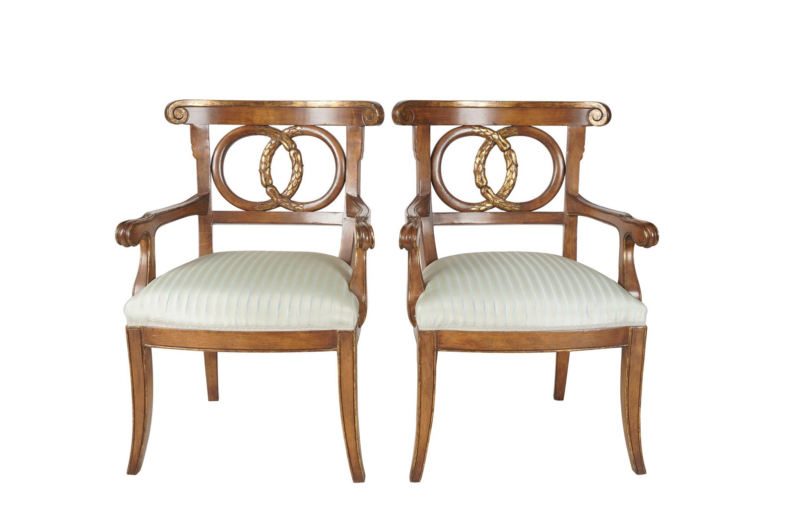 PAIR OF NEOCLASSIC-STYLE OPEN ARMCHAIRS: late 20th century; each with gilt accents and striped silk-covered seat; 26 inches wide; 20 inches deep; 37 inches high; seat height: 19 1/2 inches