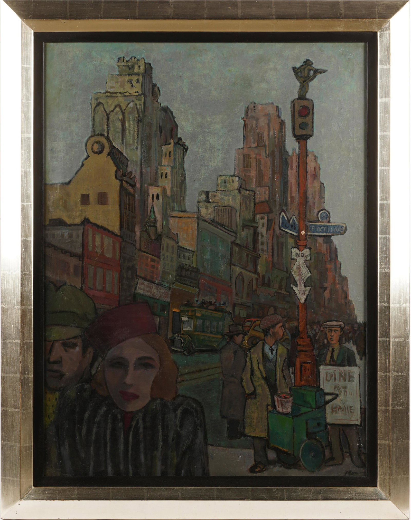 RON BLUMBERG (1908 - 2002): "CITY STREET": oil on canvas; signed lower right; titled and signed verso; 40 x 30 inches; 47 1/2 x 37 1/4 inches frame