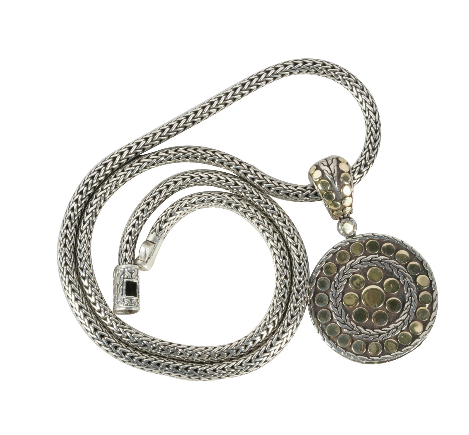 JOHN HARDY STERLING & 18 KARAT ENHANCER WITH CHAIN: 51.7 grams; 18 inches long