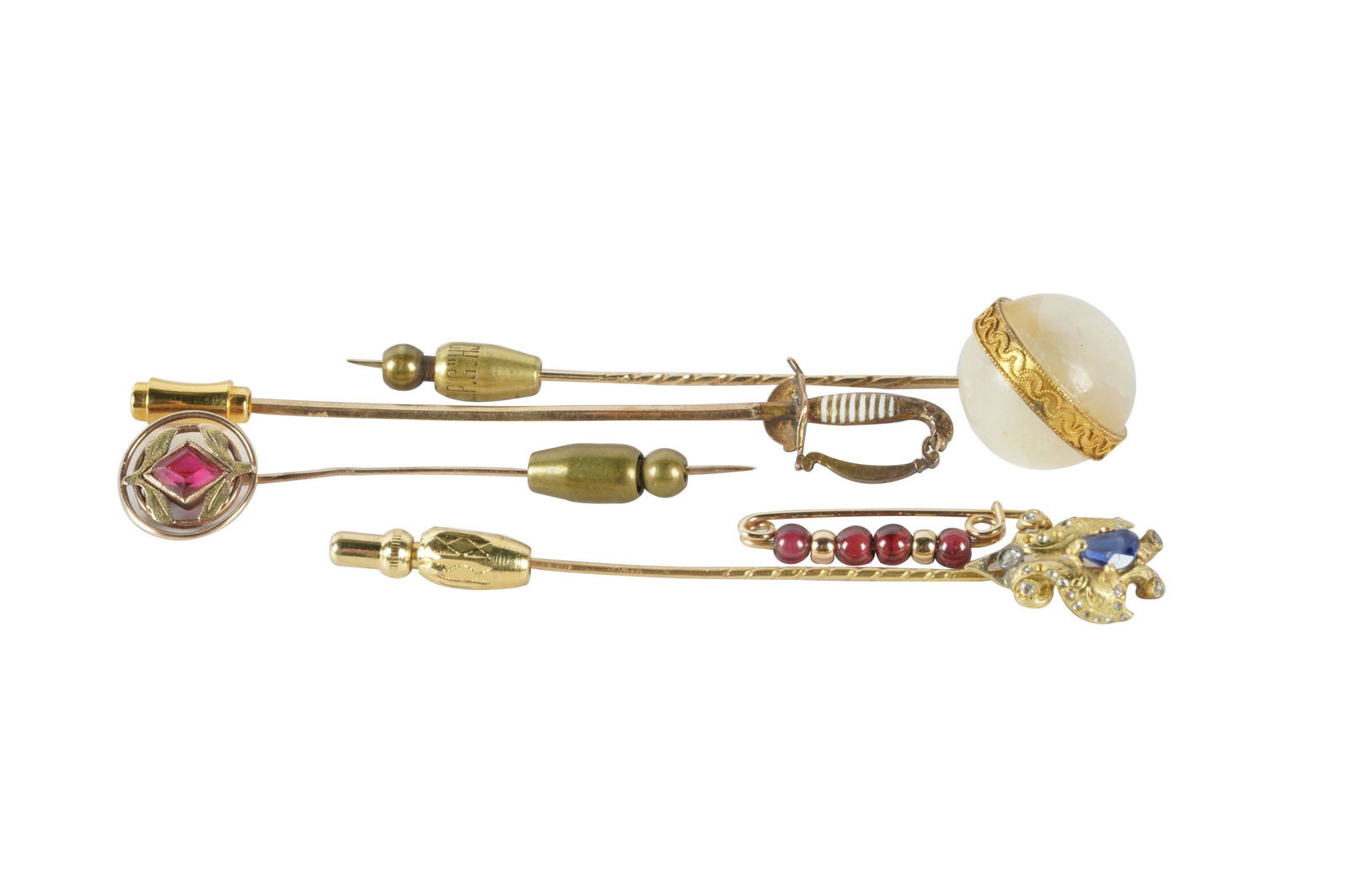 FIVE GOLD & GEM-SET STICK PINS (1 of 6)