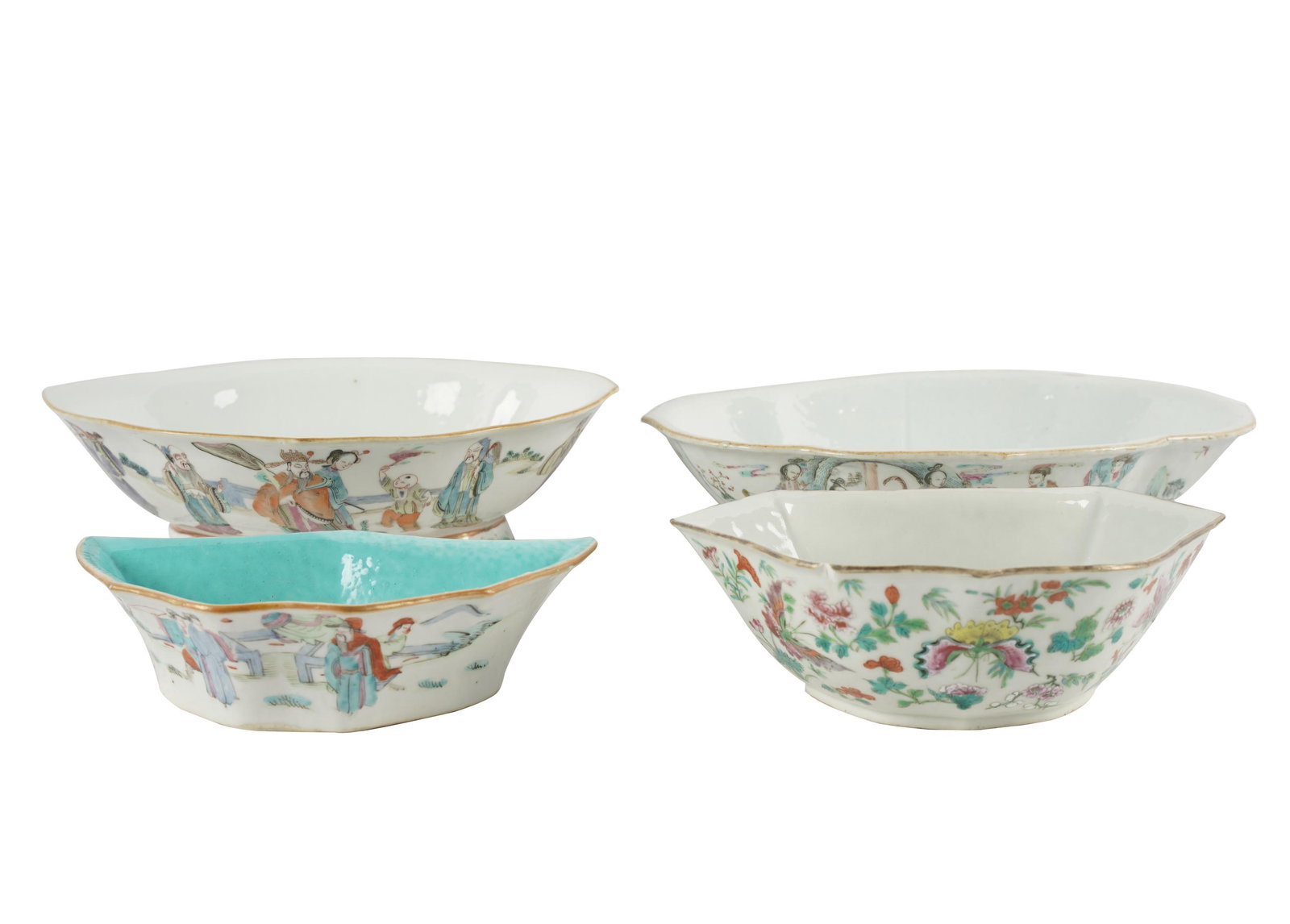 FOUR CHINESE PORCELAIN BOWLS: the bowl with turquoise interior marked, the others unmarked; Provenance: The Estate of Arthur and Doris Glick, Beverly Hills; ranging from 8 to 11 inches diameter