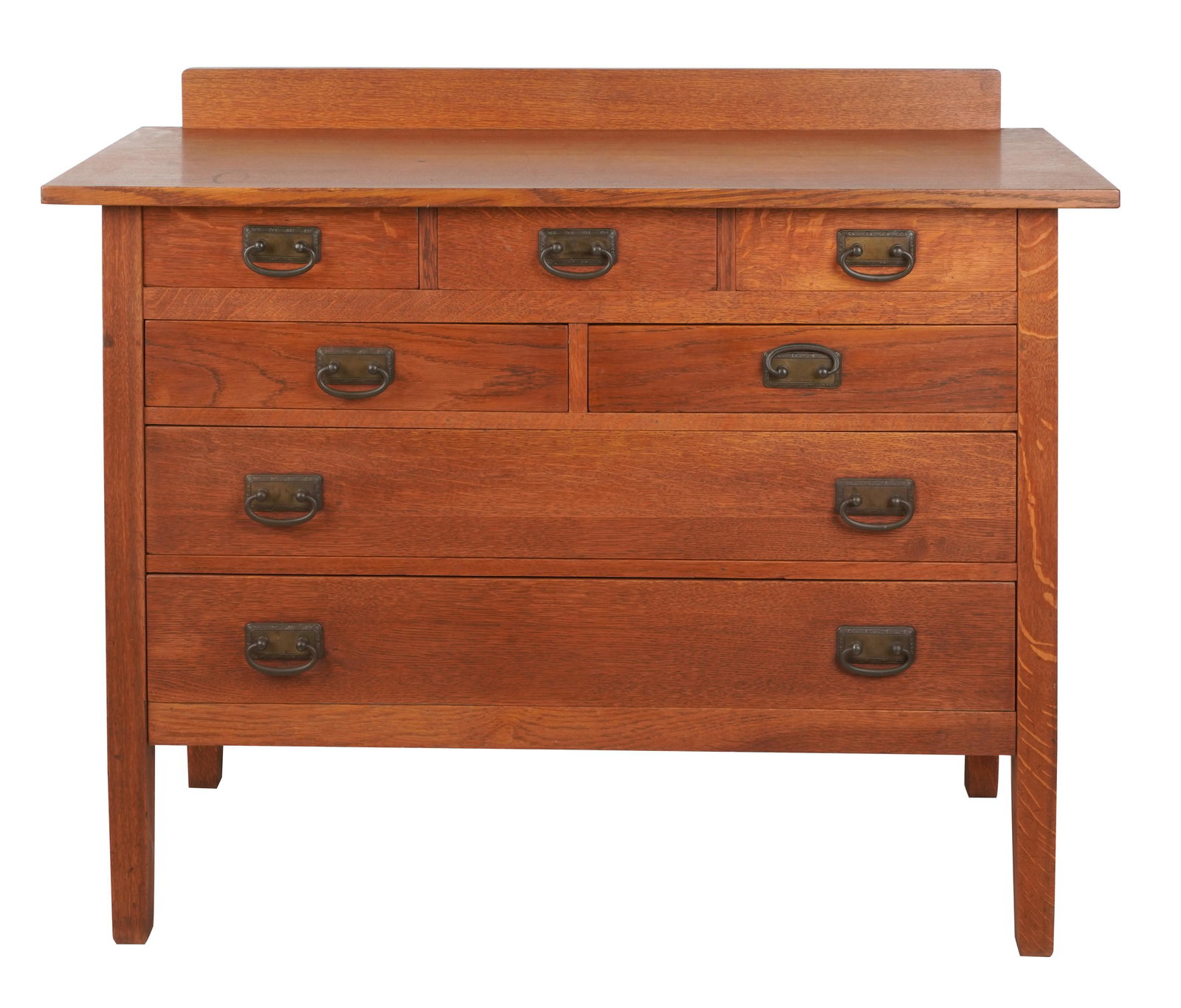 ARTS & CRAFTS-STYLE DRESSER: unsigned; oak primary wood; with seven drawers; 48 inches wide; 20 inches deep; 36 inches high
