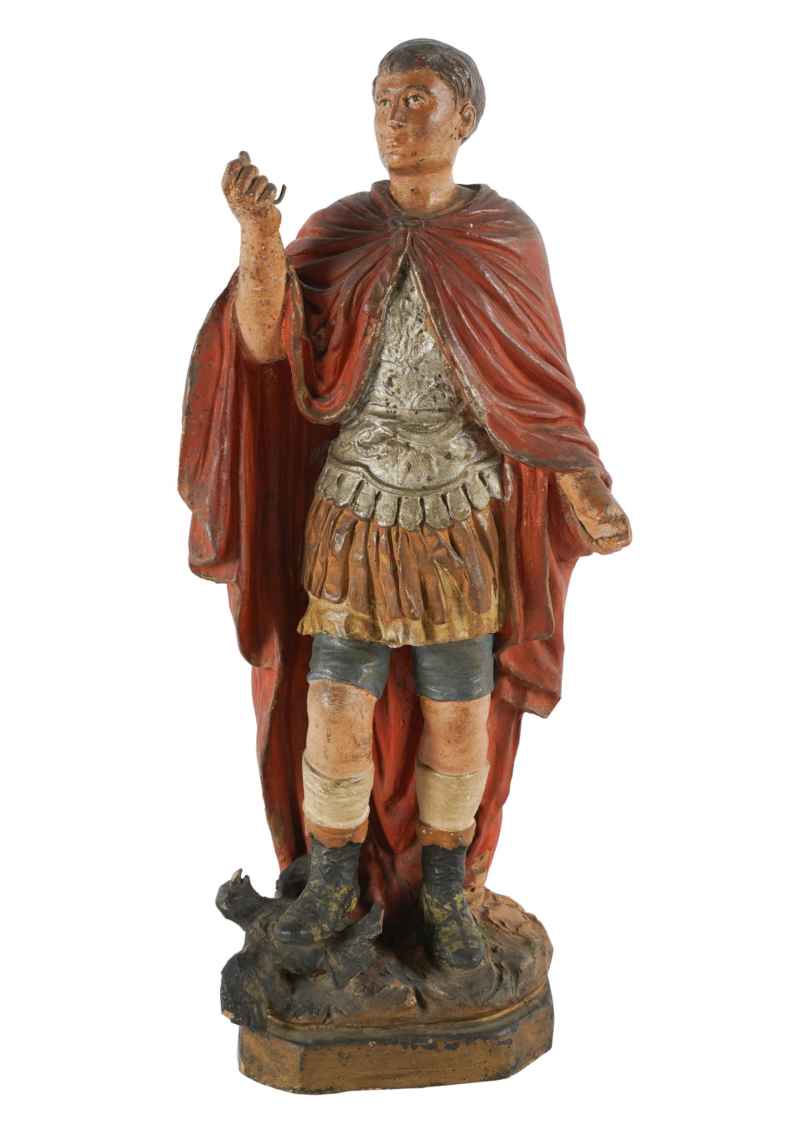 PAINTED TERRACOTTA FIGURE: unmarked; depicting a Roman soldier stomping on a bird; Condition: with repair to arm; 14 inches high