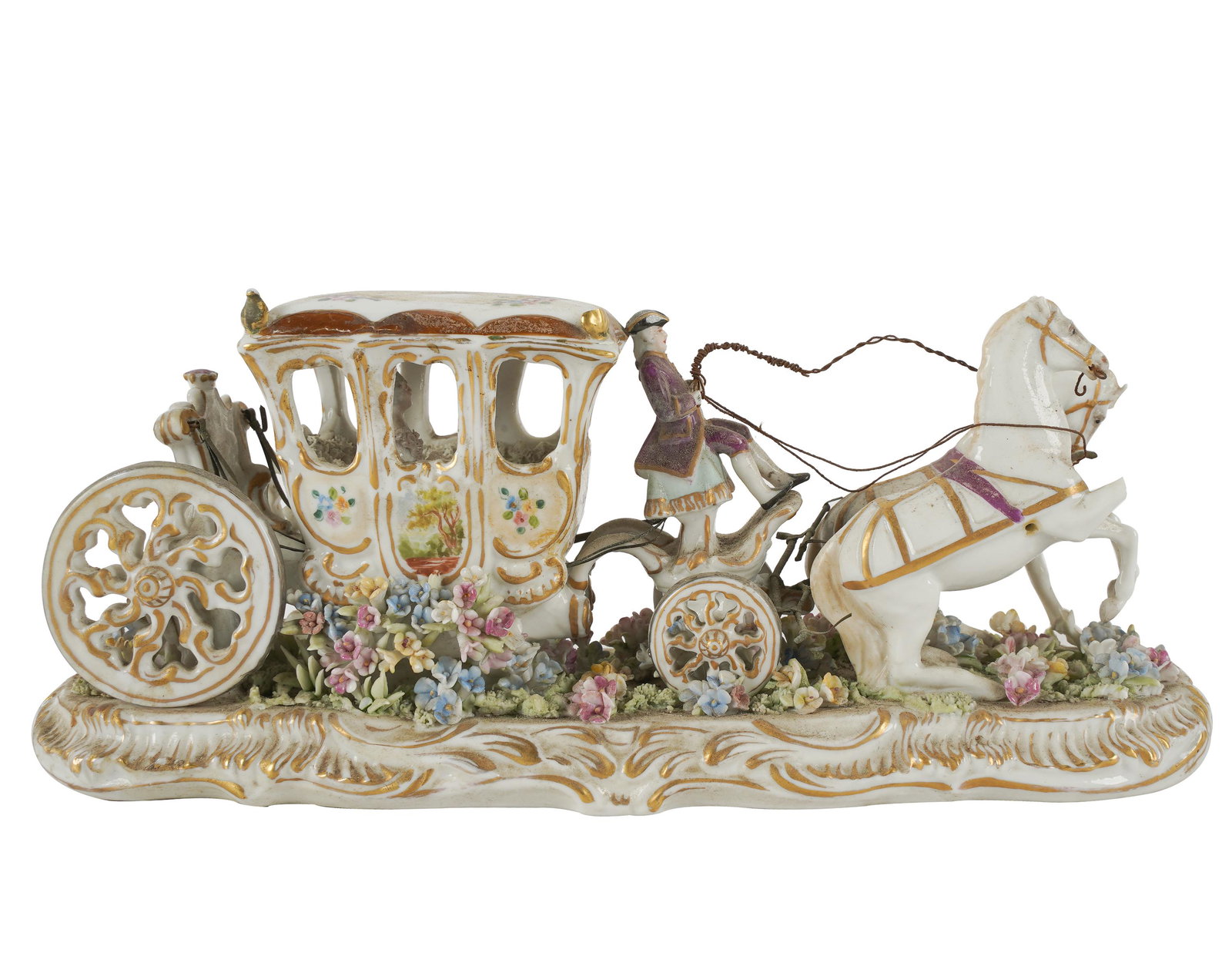 ITALIAN PORCELAIN MODEL OF A HORSE-DRAWN CARRIAGE: Luigi Fabris, Italy, 20th century; red painted marks [anchor symbol] "768 / L Fabris"; Condition: leg broken off one horse; 9 1/2 inches wide; 4 inches high